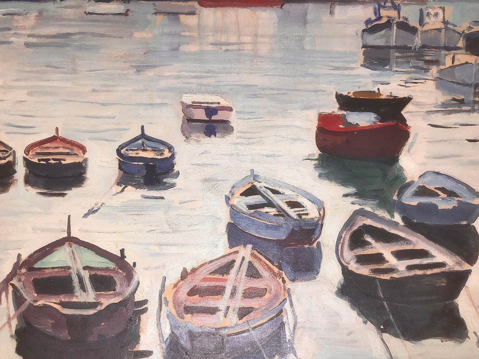 Rafael Duran Benet, bateaux de pêche dans un port méditerranéen, paysage marin côtier post-impressionniste, huile sur toile, Espagne, vers 1990 photo buy