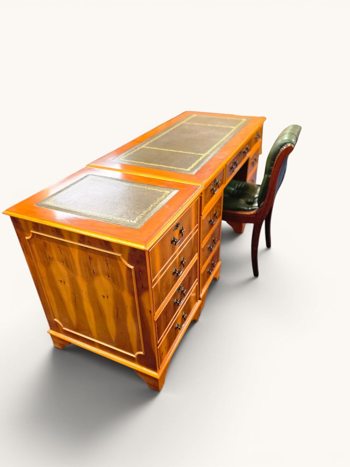 Green Leather‑Top Yew Veneer Writing Desk & Chair Set With Matching Filing Pedestal Unit photo vinterior