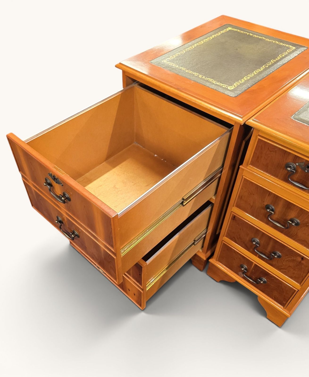 photo furniture Green Leather‑Top Yew Veneer Writing Desk & Chair Set With Matching Filing Pedestal Unit