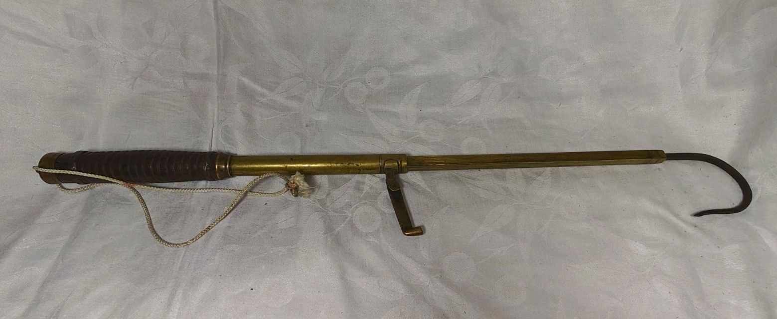 Antique Brass Telescopic Fishing Gaff Boat Hook Leather Handle Maritime photo 90.0