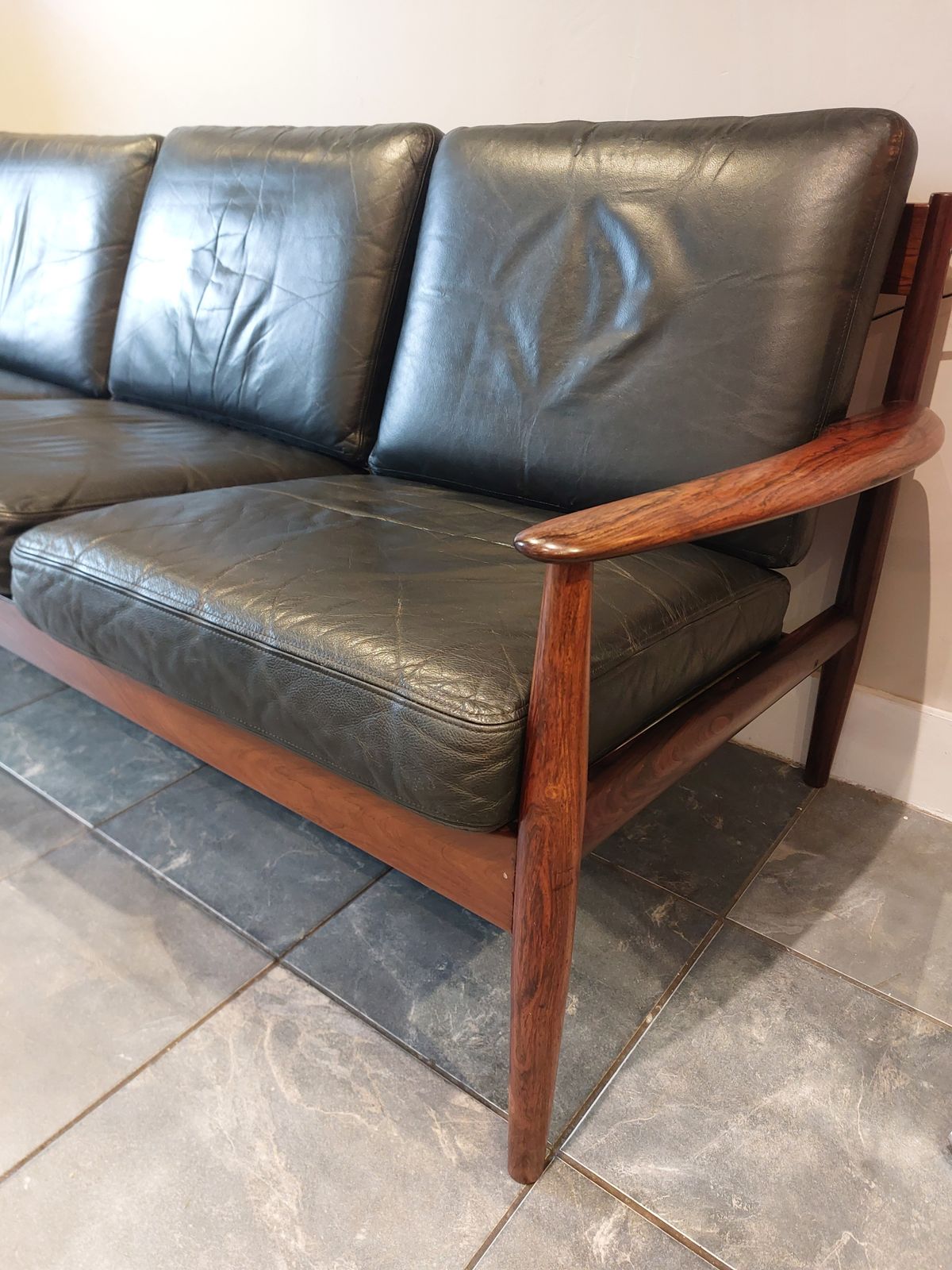 Danish Grete Jalk For France & Sons 3 Seater Black Leather Sofa photo Furniture