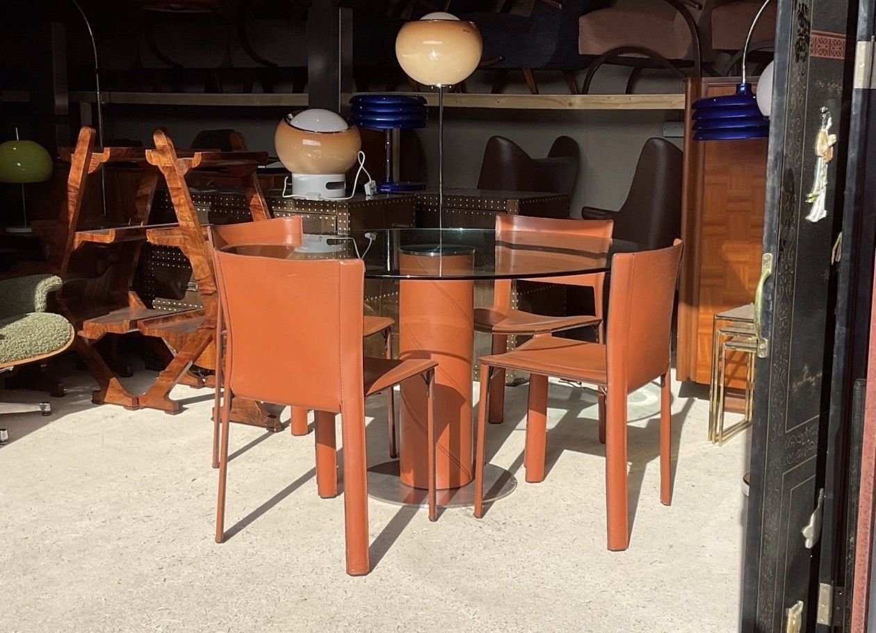 Postmodern Tan Leather Dining Chairs & Table By Giancarlo Vegni For Fasem 1980s