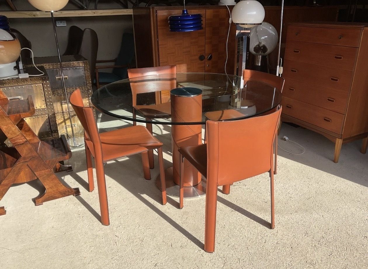 Postmodern Tan Leather Dining Chairs & Table By Giancarlo Vegni For Fasem 1980s photo for sale