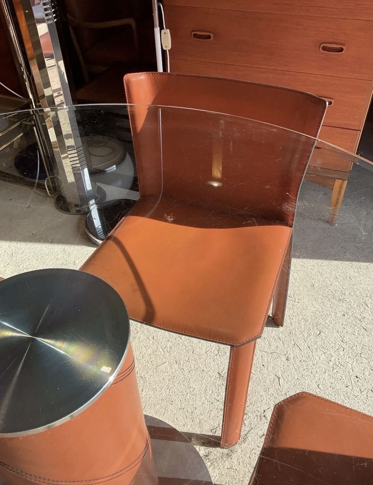 photo furniture Postmodern Tan Leather Dining Chairs & Table By Giancarlo Vegni For Fasem 1980s