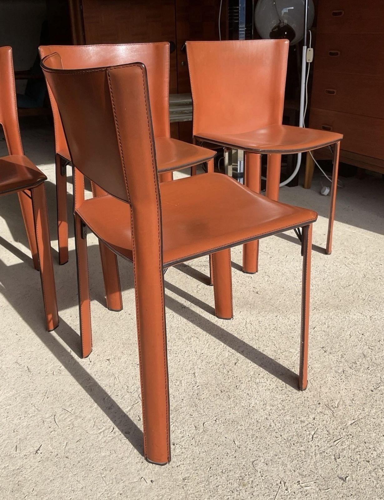 photo for sale Postmodern Tan Leather Dining Chairs & Table By Giancarlo Vegni For Fasem 1980s