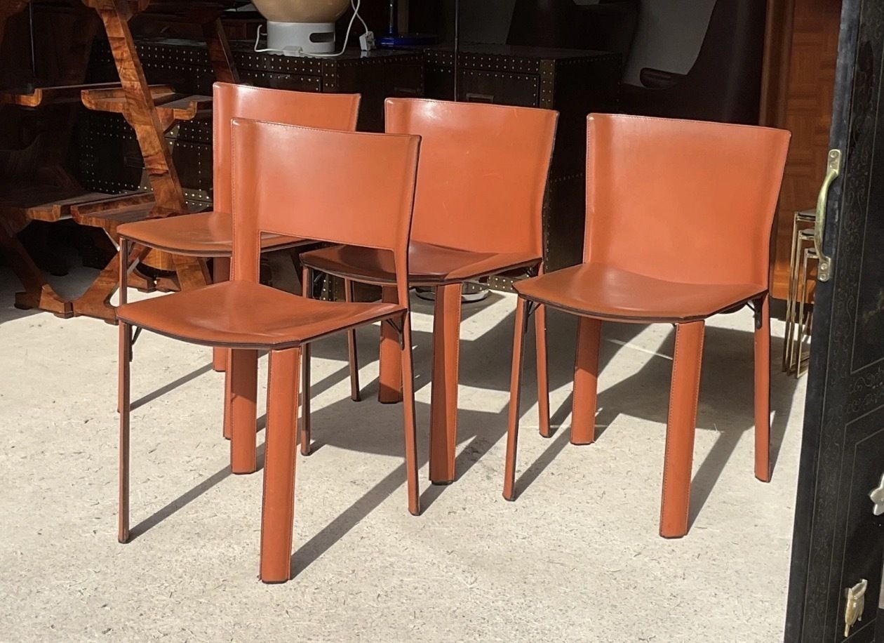photo buy Postmodern Tan Leather Dining Chairs & Table By Giancarlo Vegni For Fasem 1980s