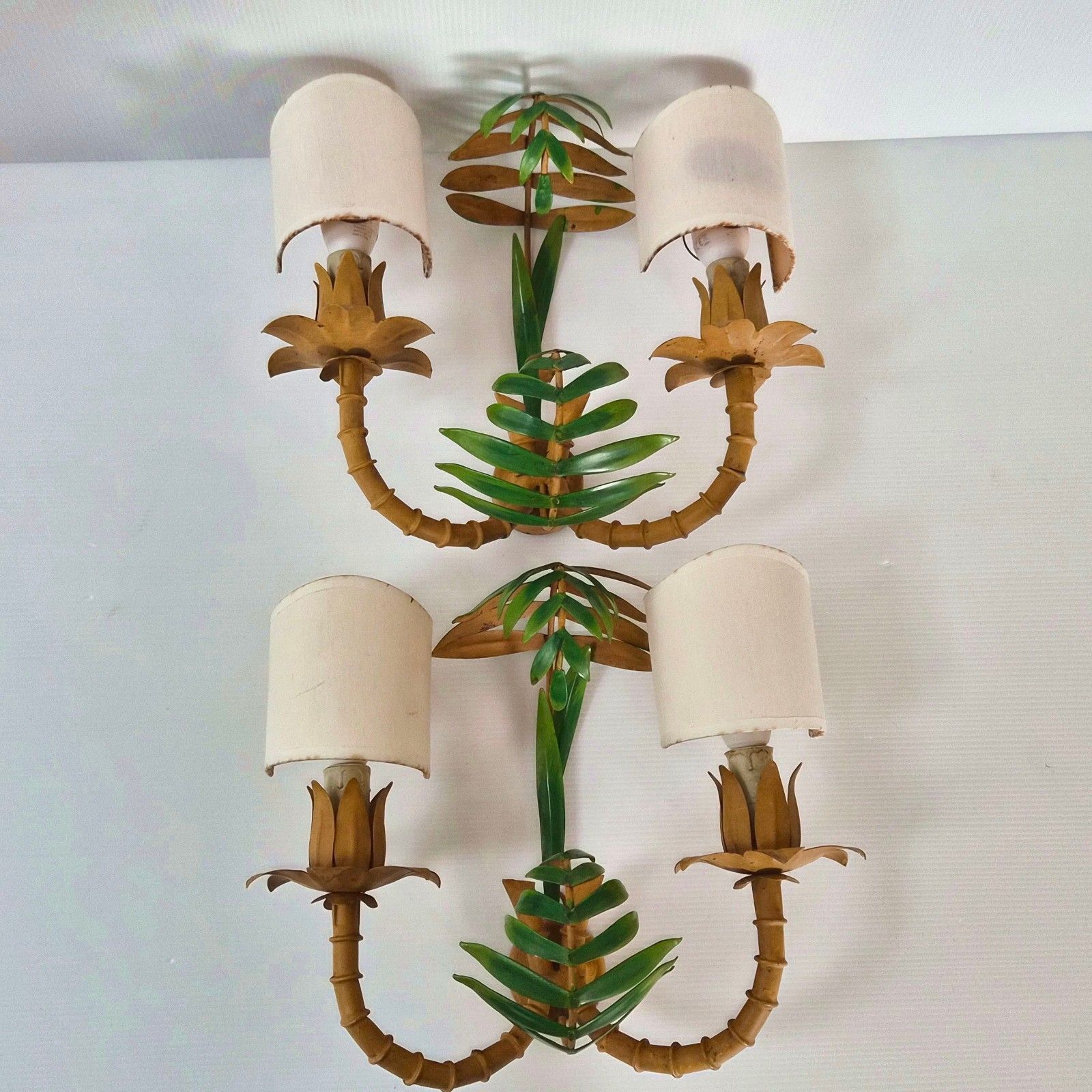 Pair Of Vintage 1970s Imitation Bamboo & Palm Metal Sconces 70s 1970s