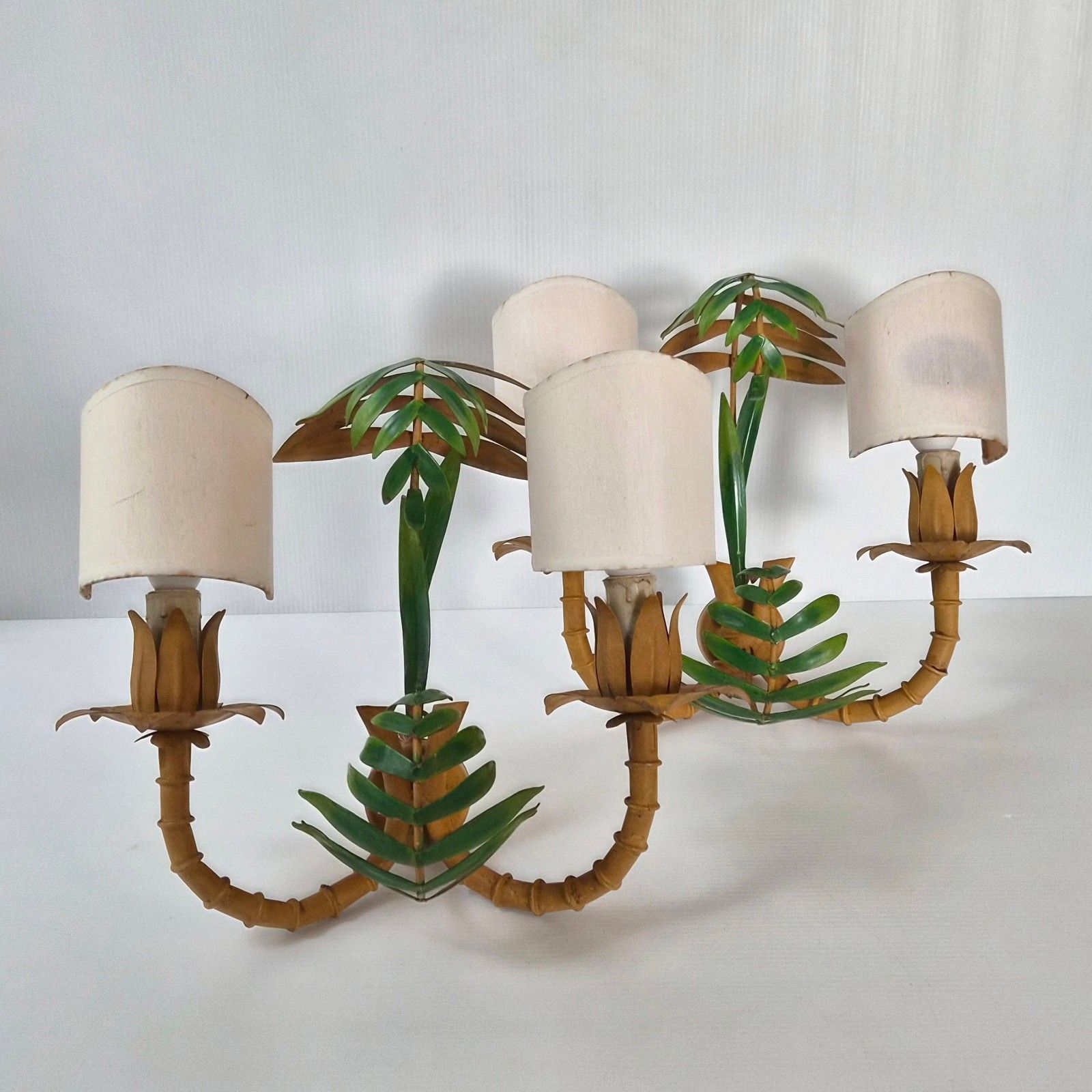 Pair Of Vintage 1970s Imitation Bamboo & Palm Metal Sconces 70s 1970s photo for sale