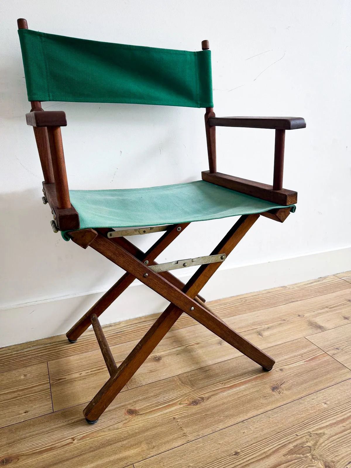 Vintage Directors Chair Green Canvas Folding Wooden Frame Safari Style. photo for sale