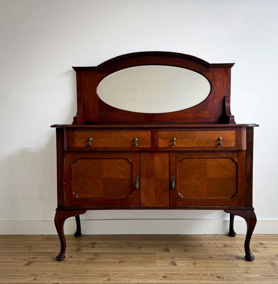 Antique Edwardian Inlaid Mahogany Sideboard Dresser With Mirror.