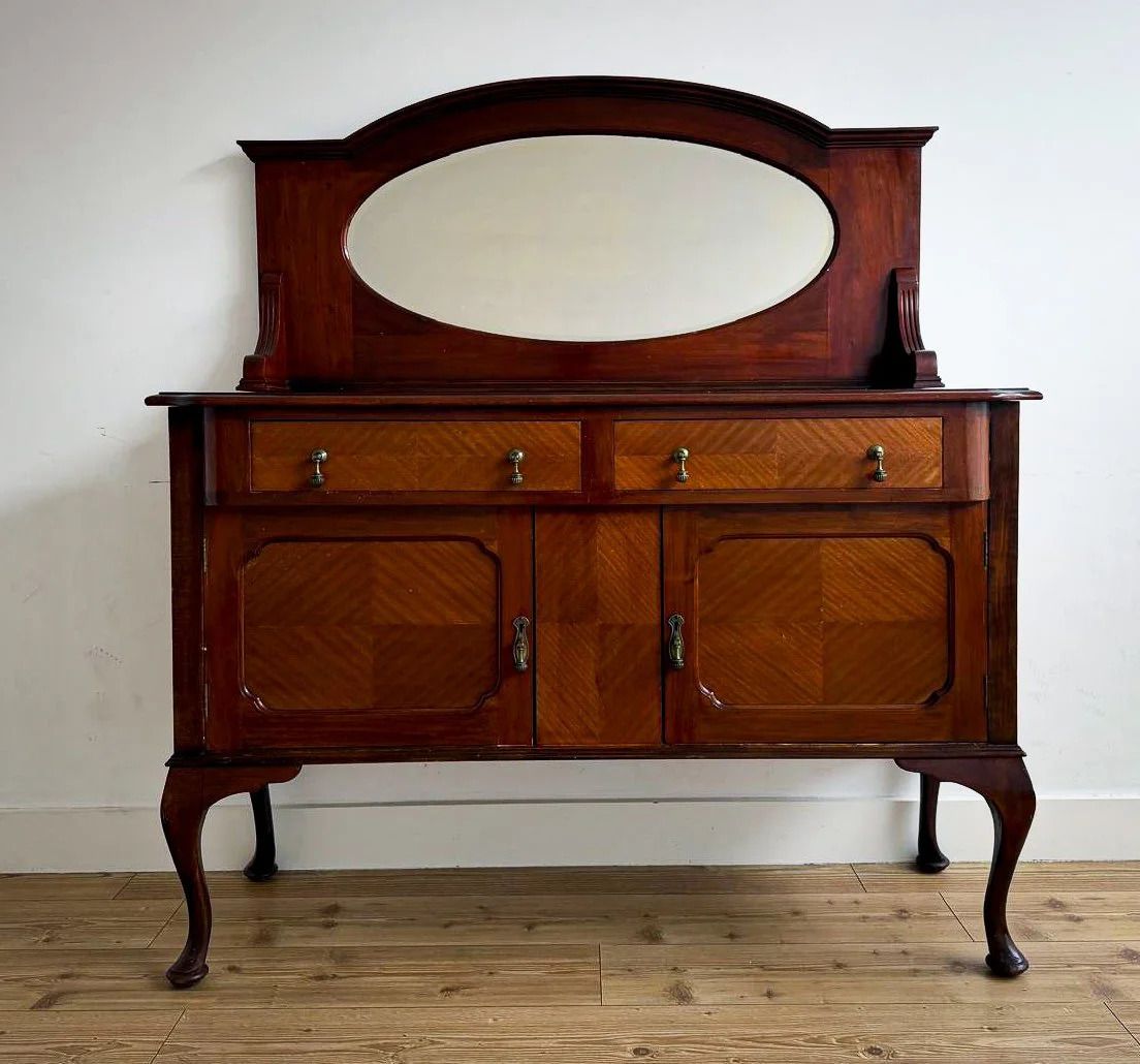 Antique Edwardian Inlaid Mahogany Sideboard Dresser With Mirror. photo vintage