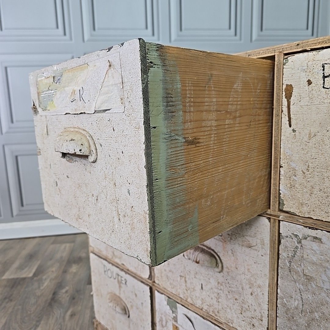 photo vinterior Large Industrial Workshop Drawers Reclaimed Parts Storage Cabinet Vintage