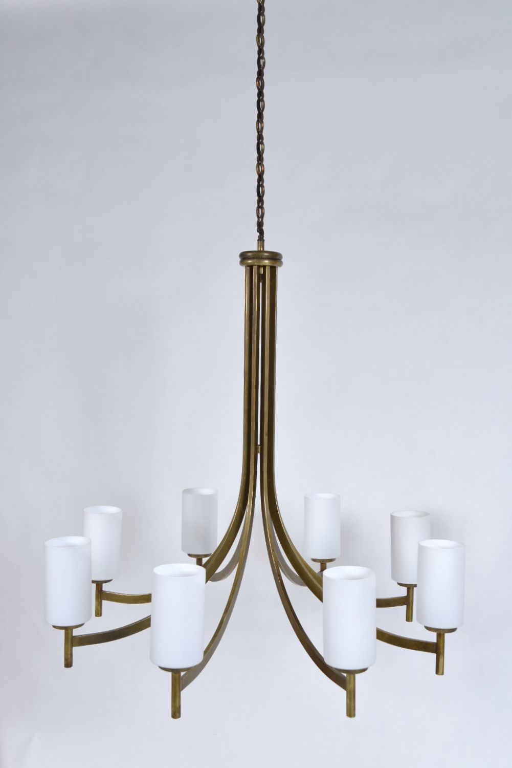 Large 1950s 1960s Italian Midcentury Brass Glass 8 Arm Chandelier Light photo for sale
