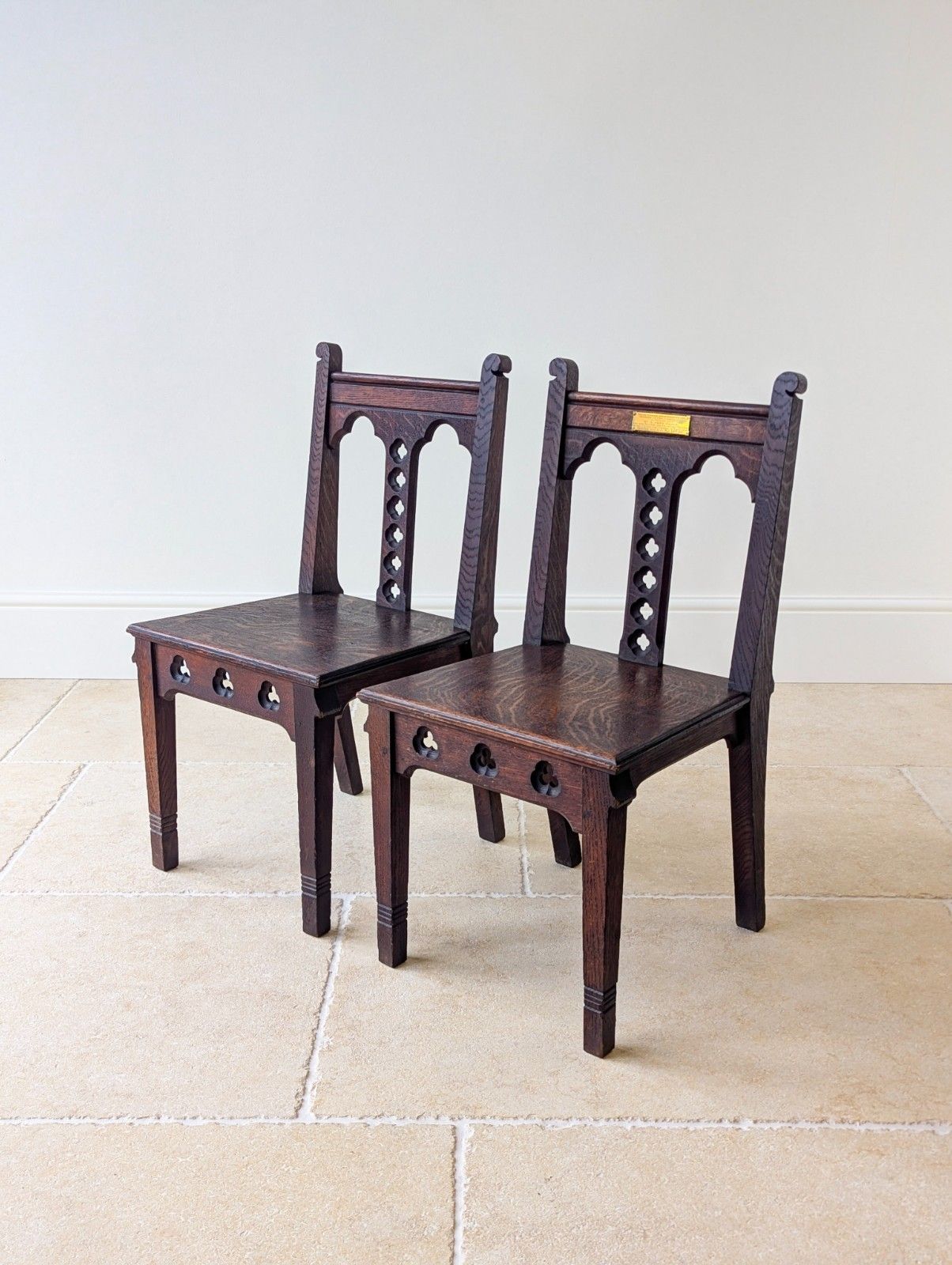 Antique Edwardian Gothic Revival Oak Church Chairs C.1911 photo for sale