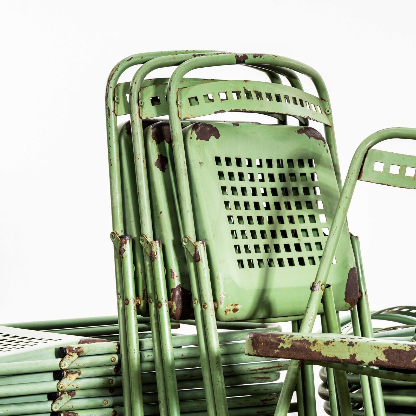 1970’s French Brutalist Green Folding Metal Garden Chairs photo Garden Furniture