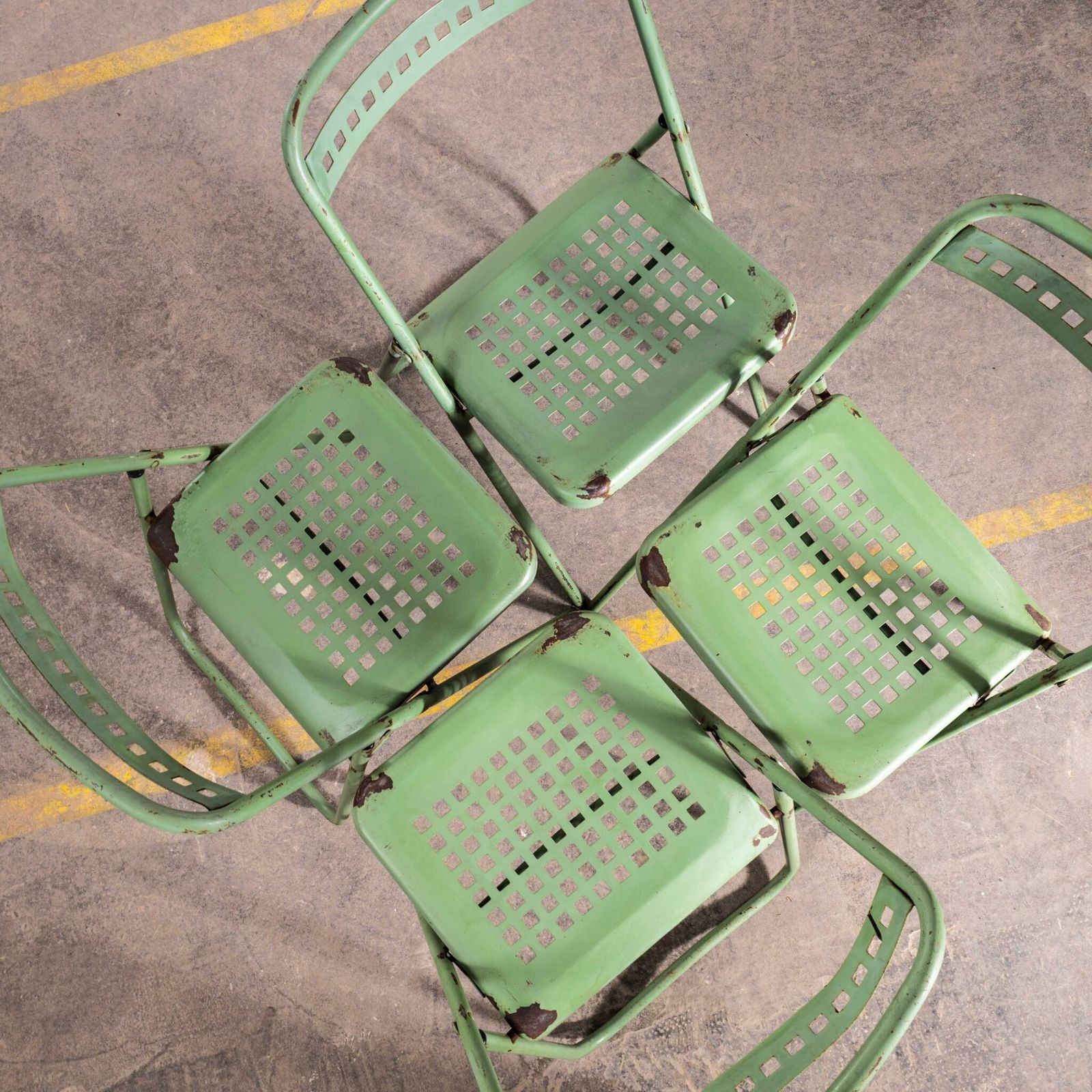 1970’s French Brutalist Green Folding Metal Garden Chairs photo vinterior