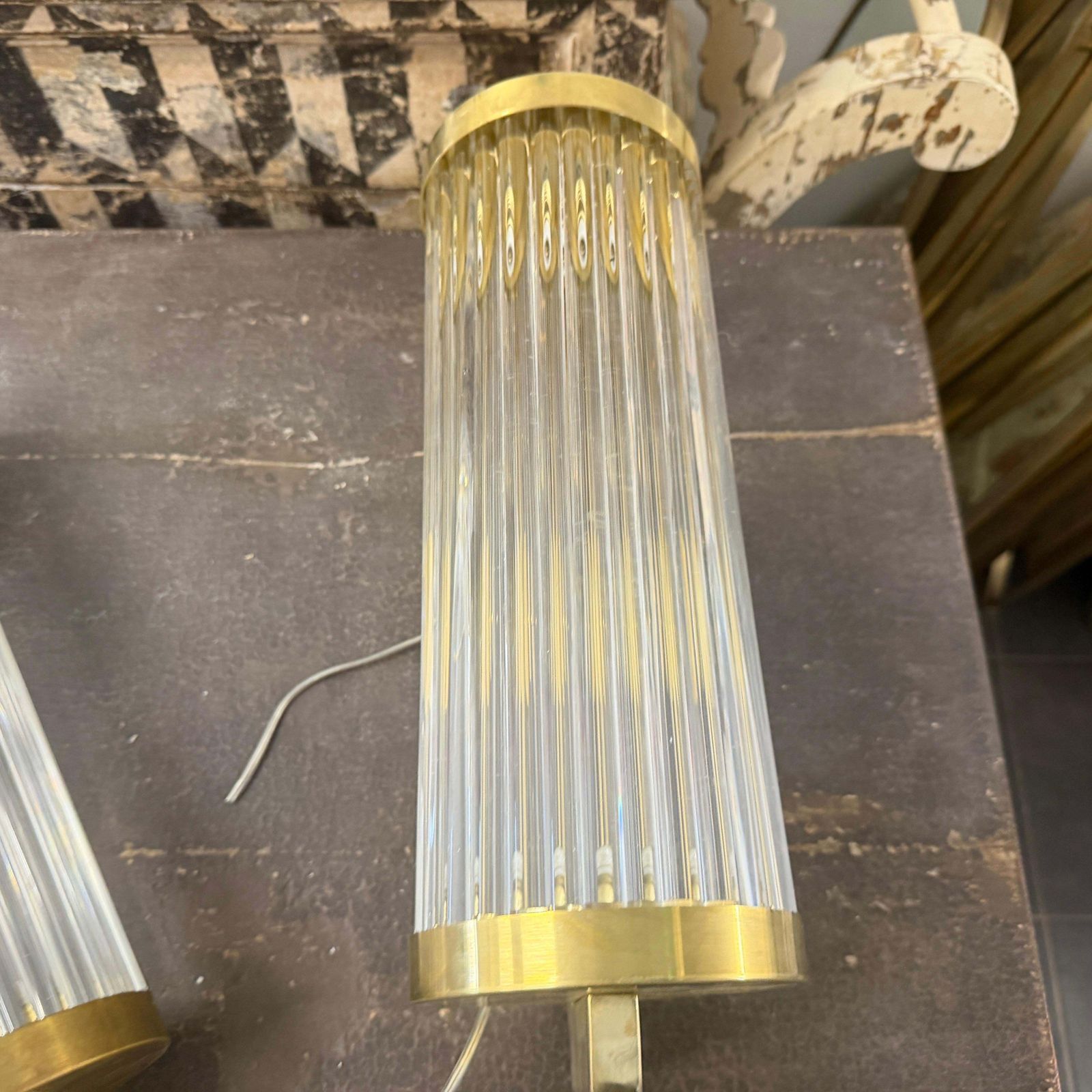 Two 1980s Art Deco Style Brass And Glass Italian Theater Wall Sconces photo vinterior