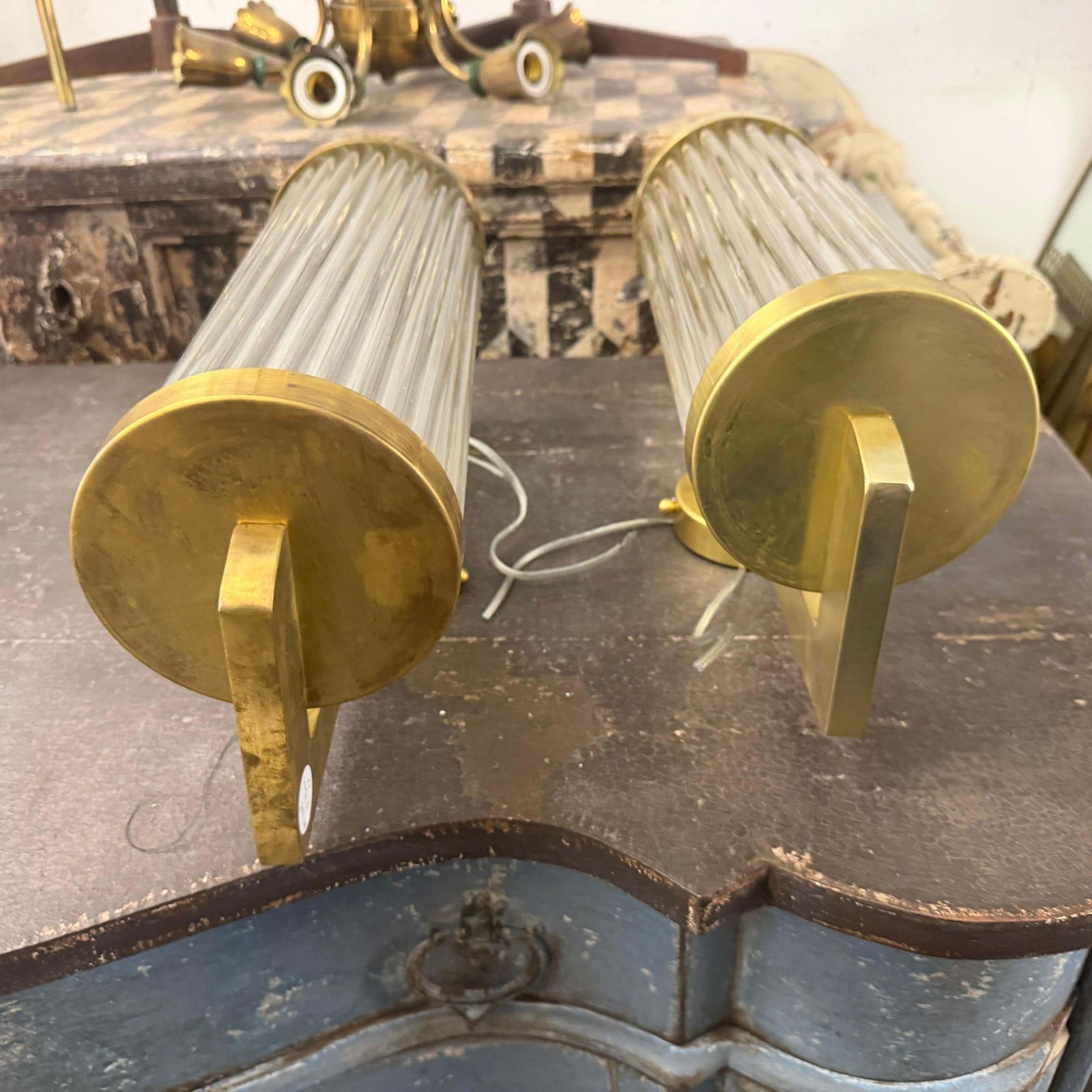 photo for sale Two 1980s Art Deco Style Brass And Glass Italian Theater Wall Sconces