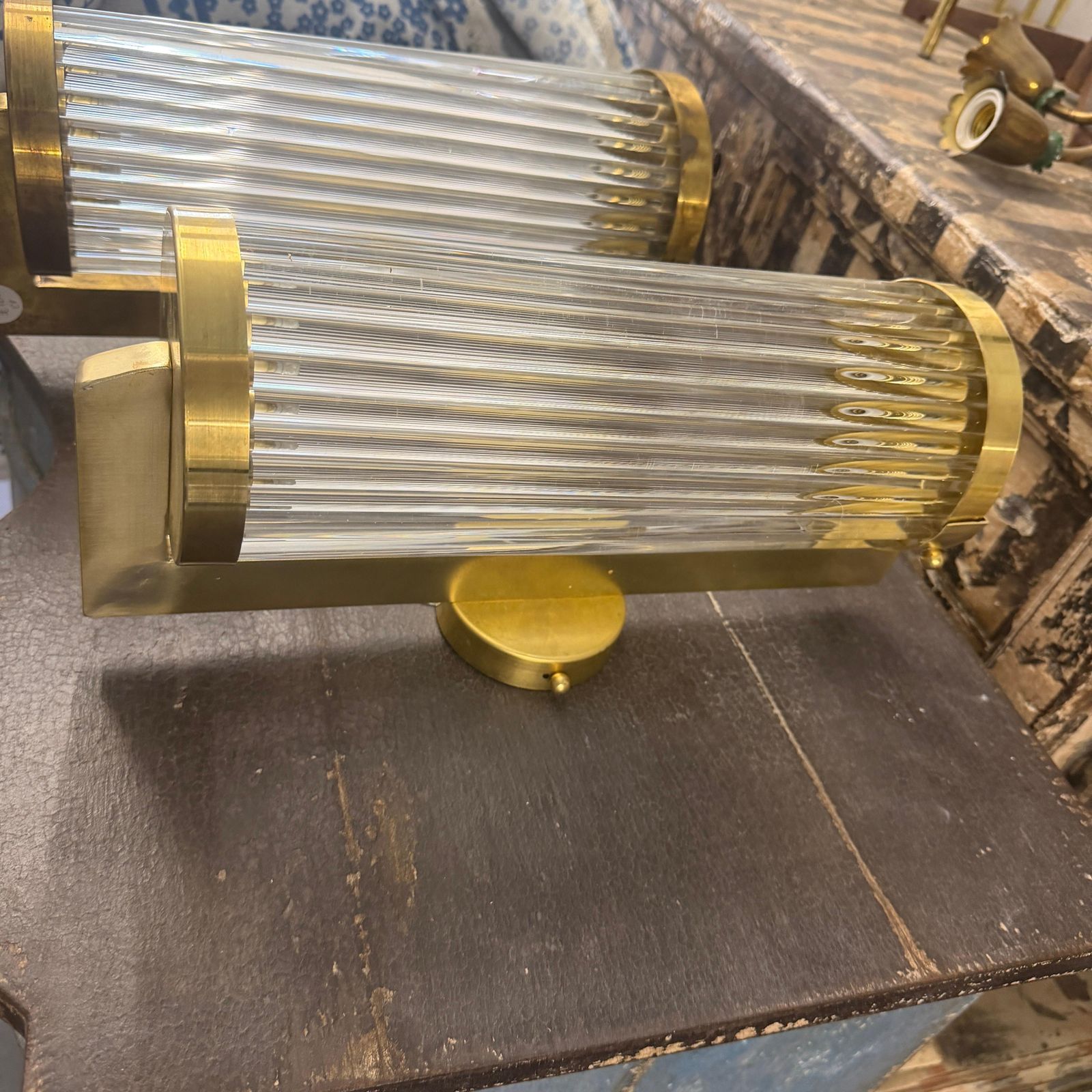 photo buy Two 1980s Art Deco Style Brass And Glass Italian Theater Wall Sconces