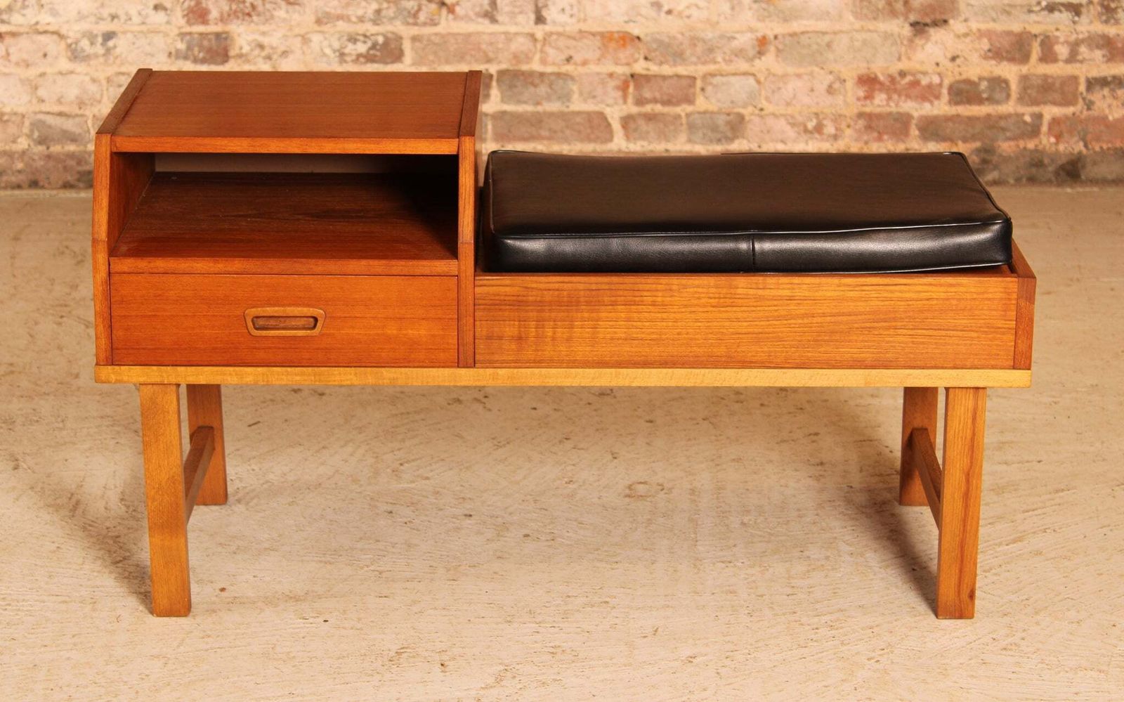 Mid Century Teak Telephone Seat With A Black Vinyl Seat And A Drawer, Circa 1960s photo furniture