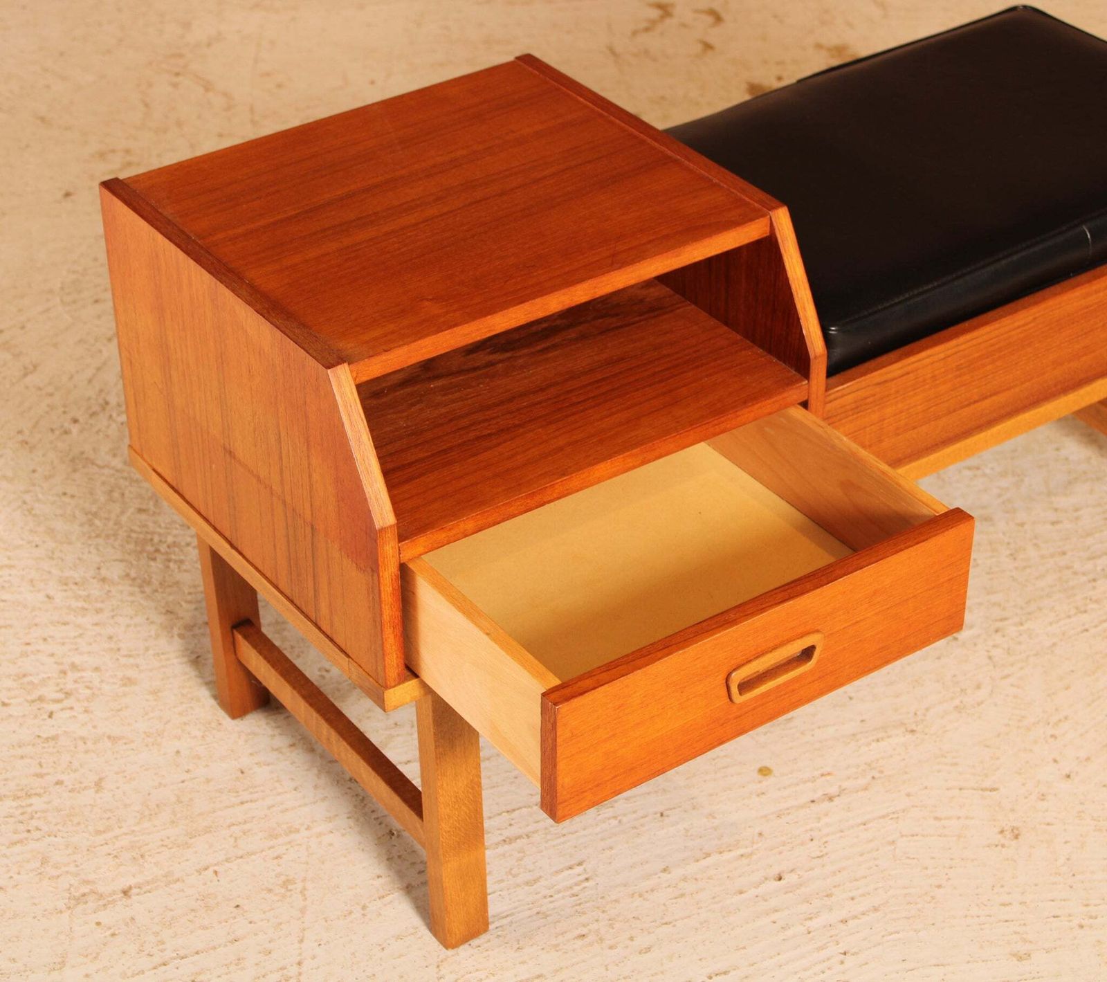 Mid Century Teak Telephone Seat With A Black Vinyl Seat And A Drawer, Circa 1960s photo vinterior