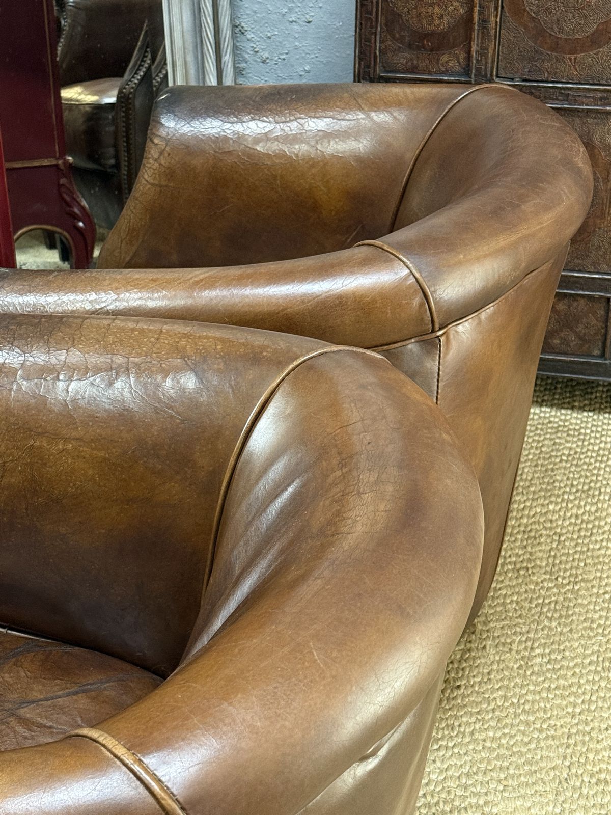 Pair Of Leather Tub Armchairs Gentlemen’s Club Chairs photo vintage