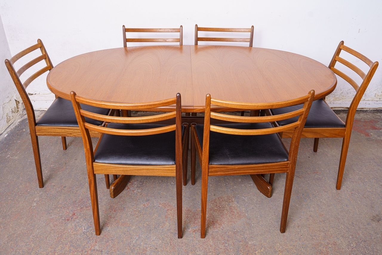 G Plan Mid Century Teak Extending Dining Table With 6 Newly Upholstered Chairs