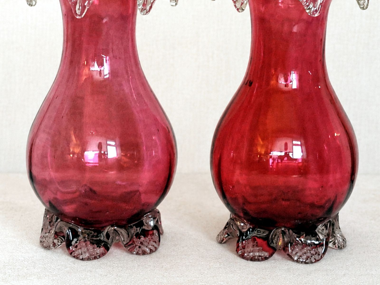 Near Pair Of Victorian Cranberry Glass Frill Rim Vases photo for sale