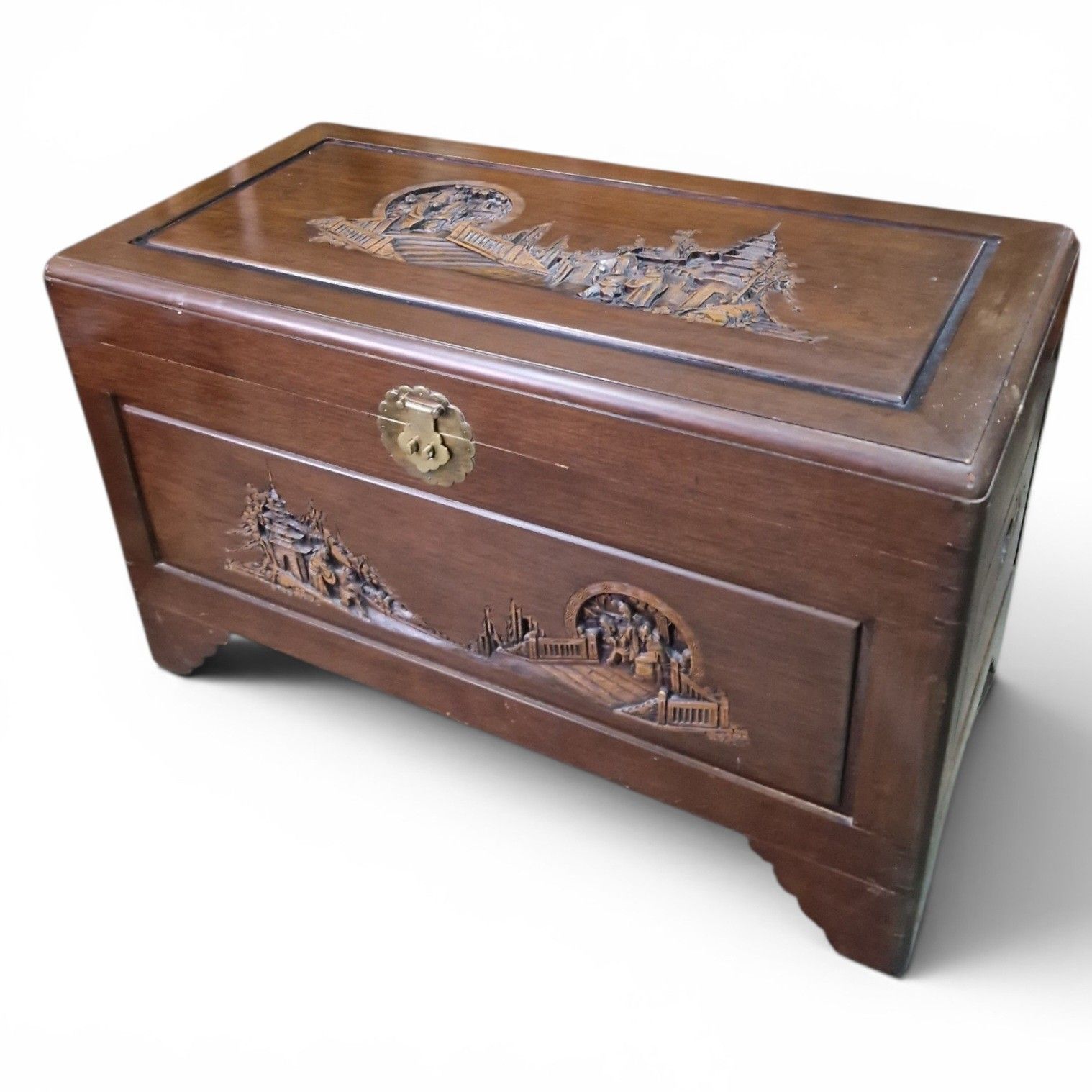 Oriental Camphor Wood Blanket Box Carved Storage Chest Trunk Large Antique Style photo for sale