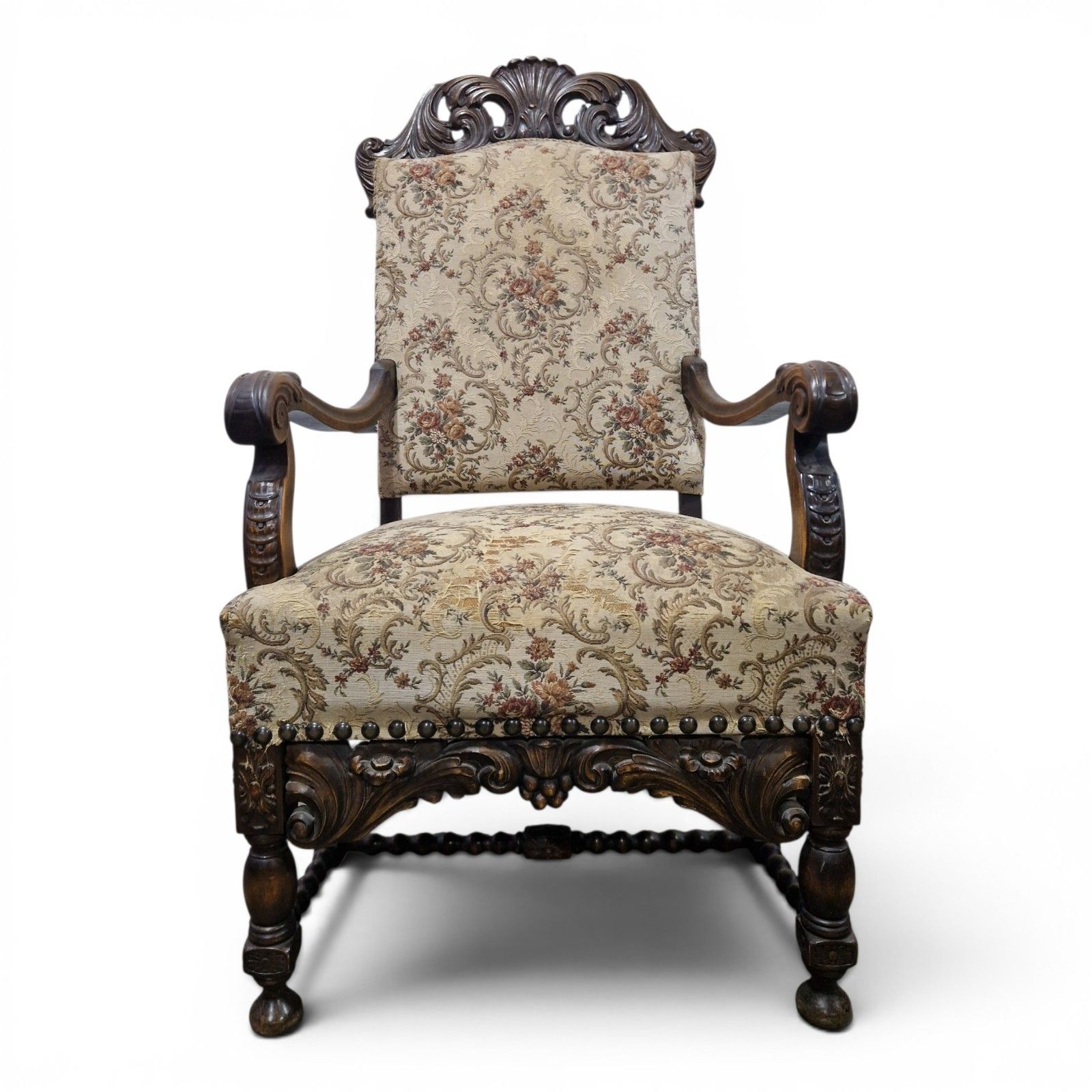Antique Large Continental Throne Armchair Carved Oak Renaissance Revival photo for sale