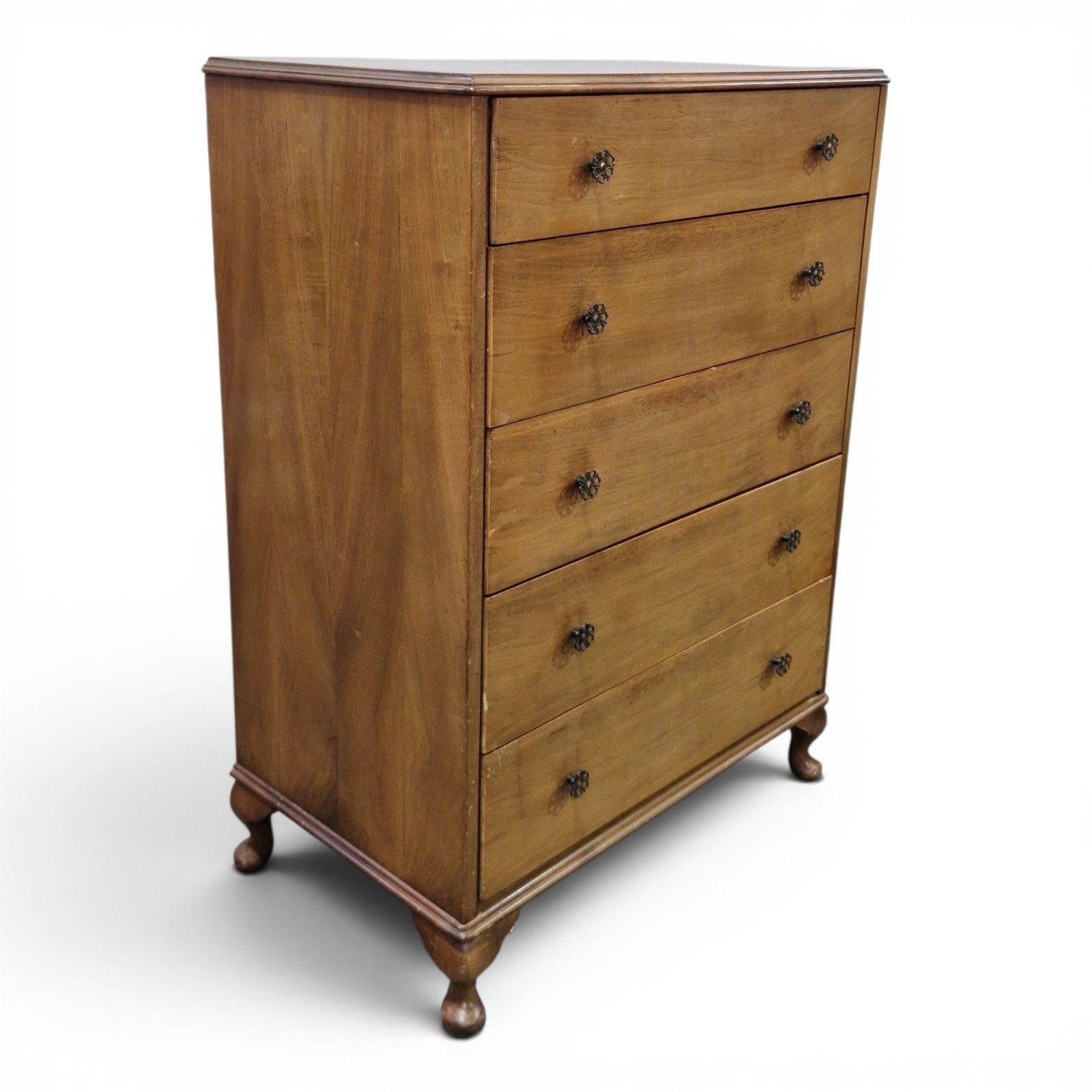Vintage Chest Of Drawers Cabriole Legs 5 Drawer Bedroom Tallboy Queen Anne Style photo vintage