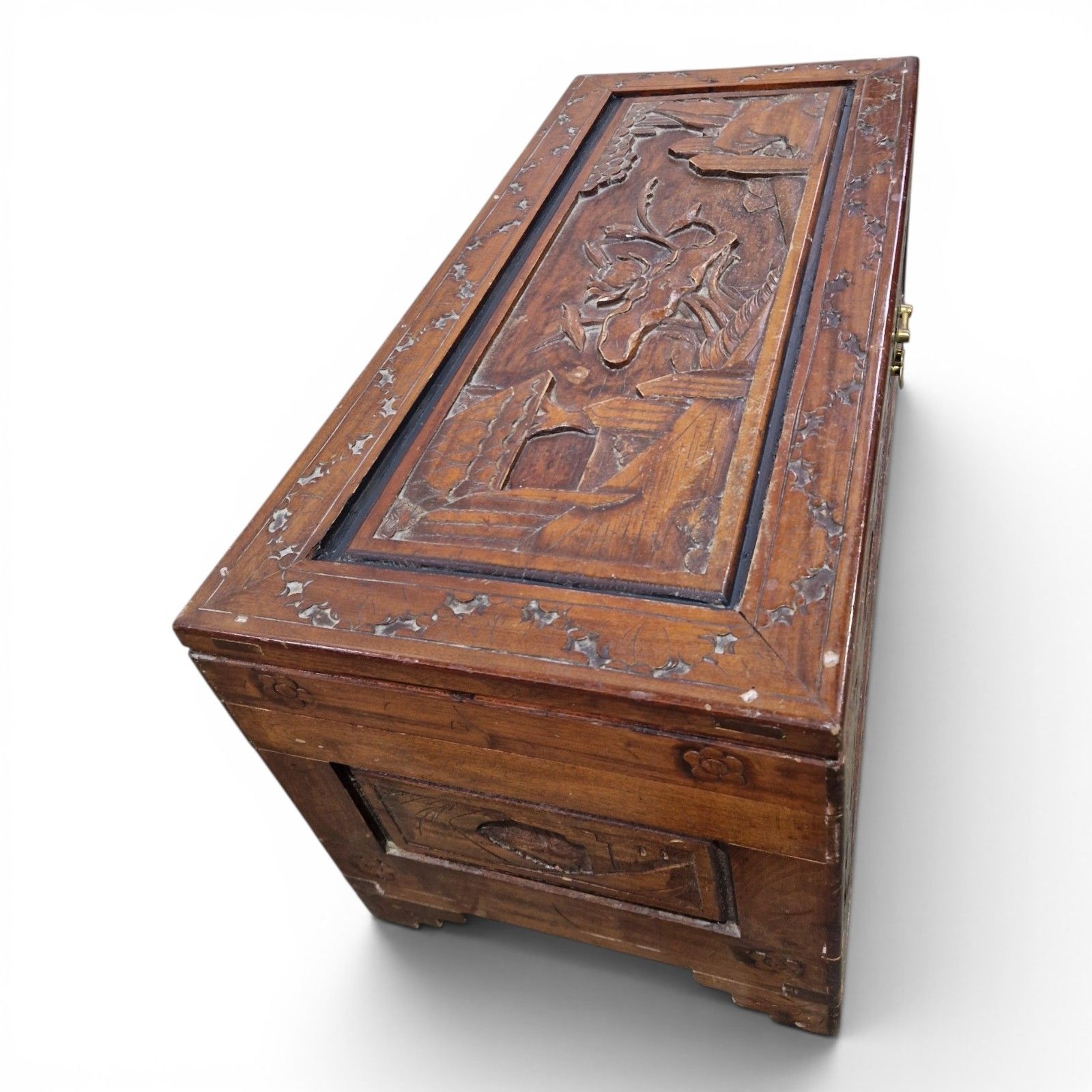 Oriental Camphor Wood Blanket Box Heavily Carved Storage Chest Trunk photo buy