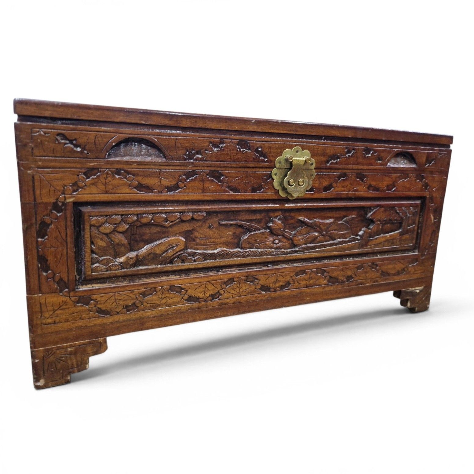 195.0 Oriental Camphor Wood Blanket Box Heavily Carved Storage Chest Trunk photo