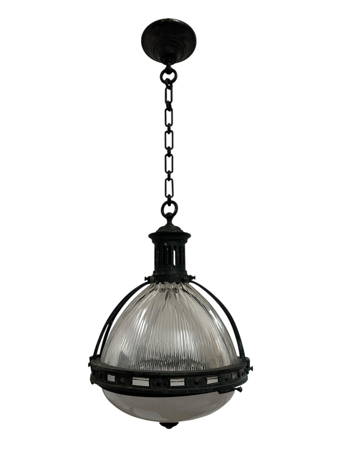Xl Large Antique French Caged Holophane Glass Ceiling Pendant Light Lamp photo for sale
