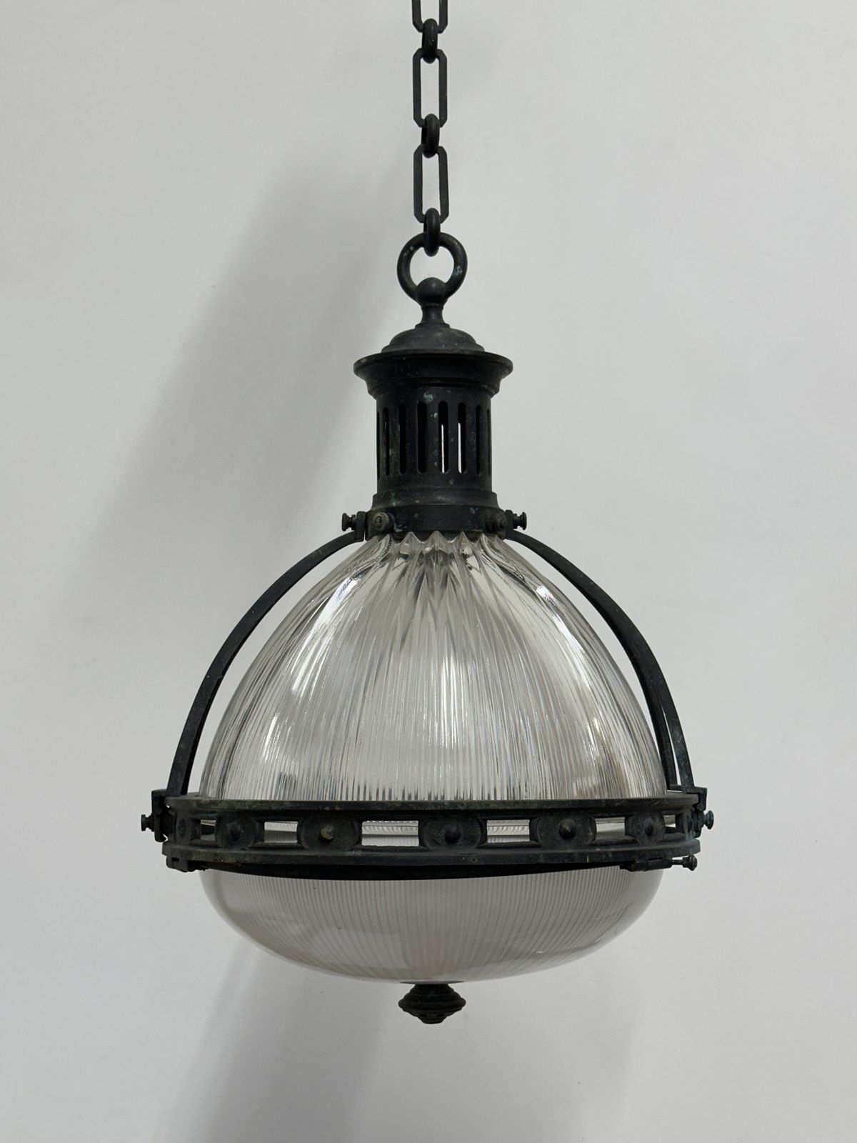 Xl Large Antique French Caged Holophane Glass Ceiling Pendant Light Lamp photo Lighting