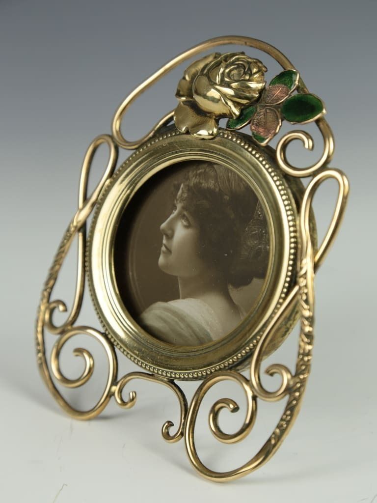Antique Art Nouveau Brass Photo Frame With Rose And Enamel Design photo for sale