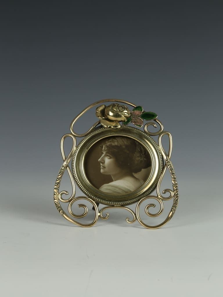 photo furniture Antique Art Nouveau Brass Photo Frame With Rose And Enamel Design