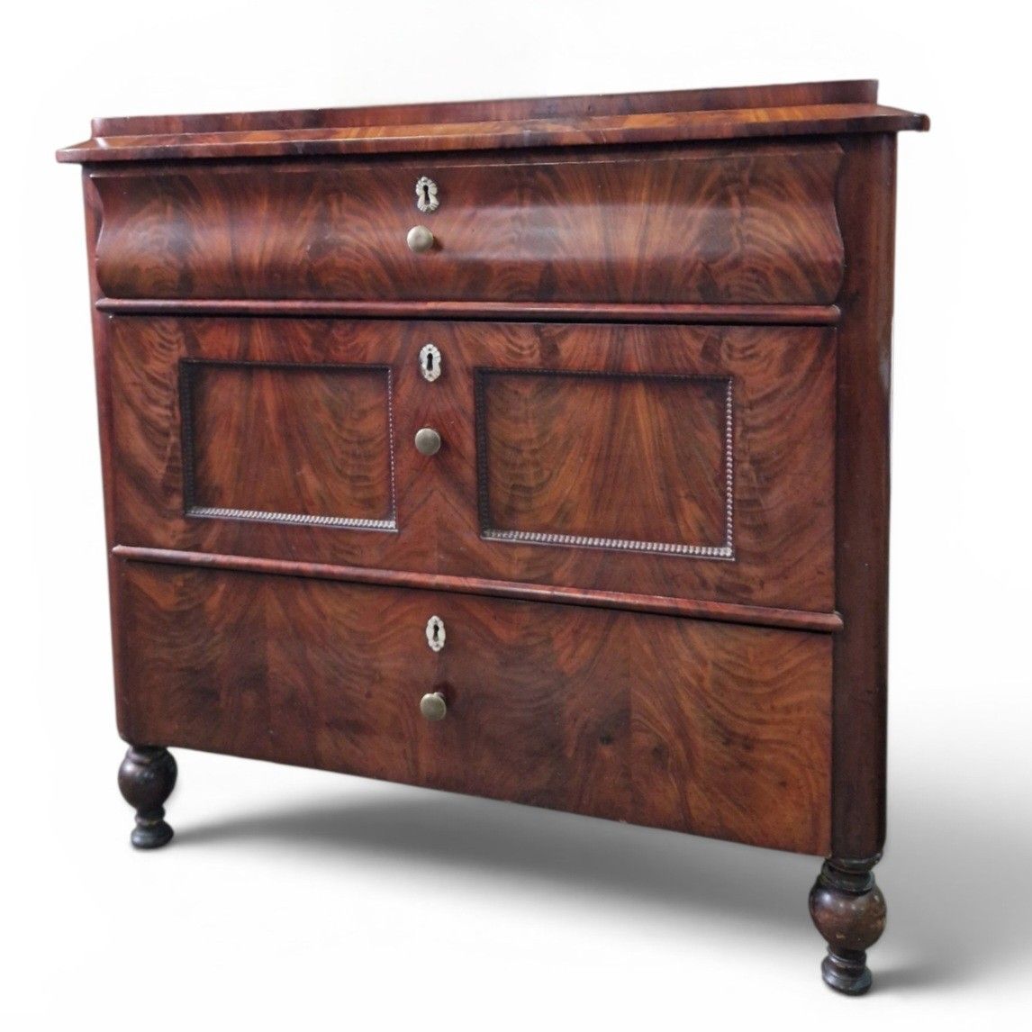 Antique Continental Flame Mahogany Chest Of 3 Drawers Biedermeier Style photo 350.0