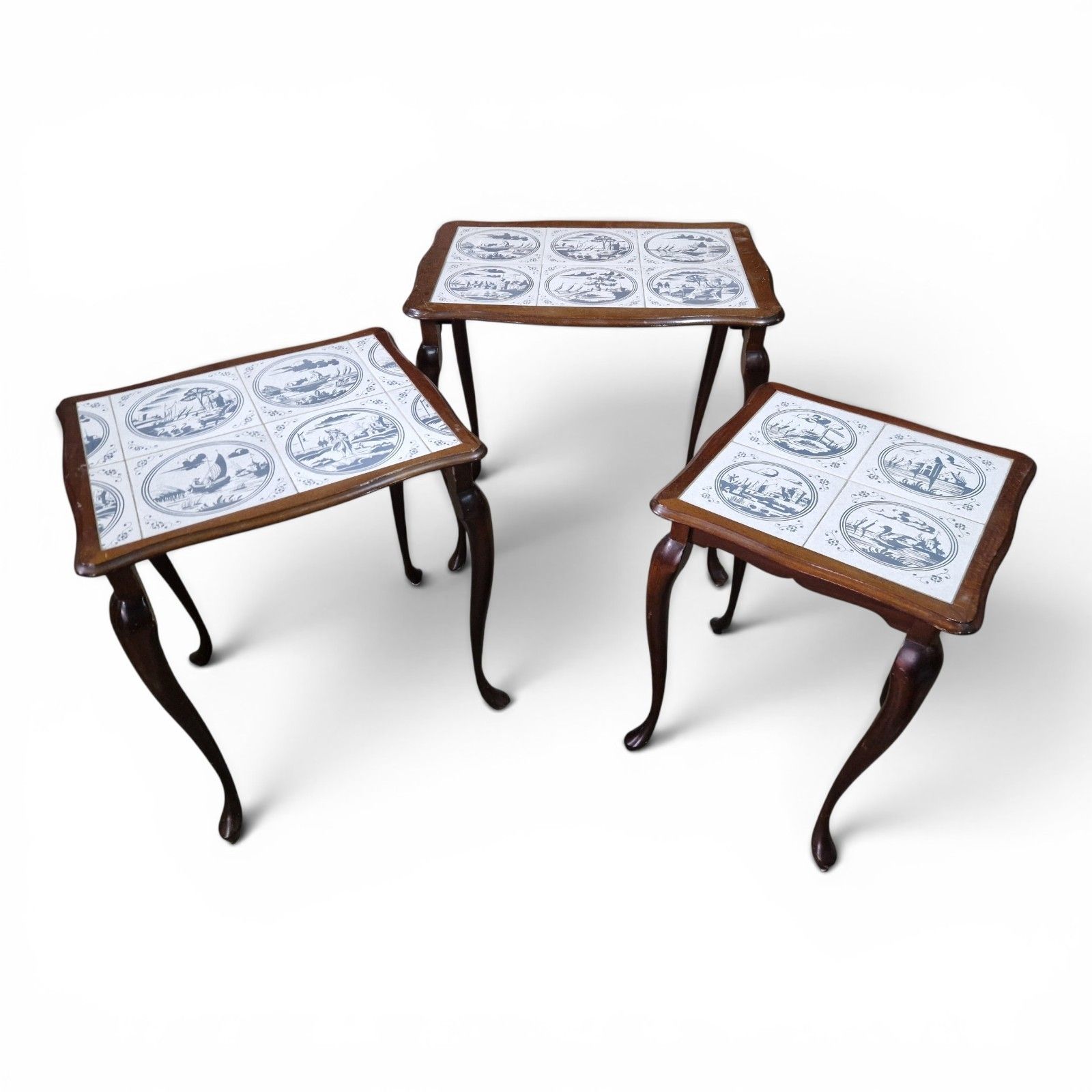 Vintage Nest Of 3 Delft Style Tile Top Tables Queen Anne Style Retro Cottage photo Furniture
