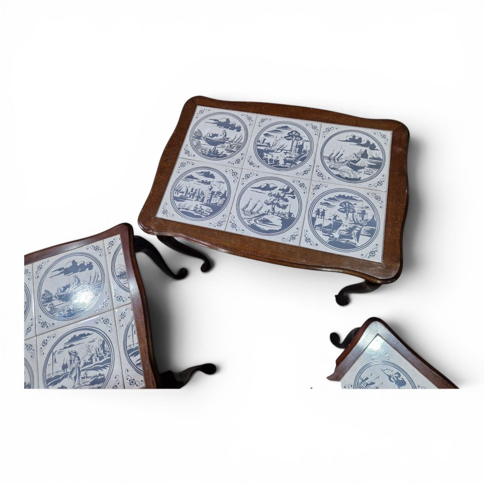 Vintage Nest Of 3 Delft Style Tile Top Tables Queen Anne Style Retro Cottage photo 60.0