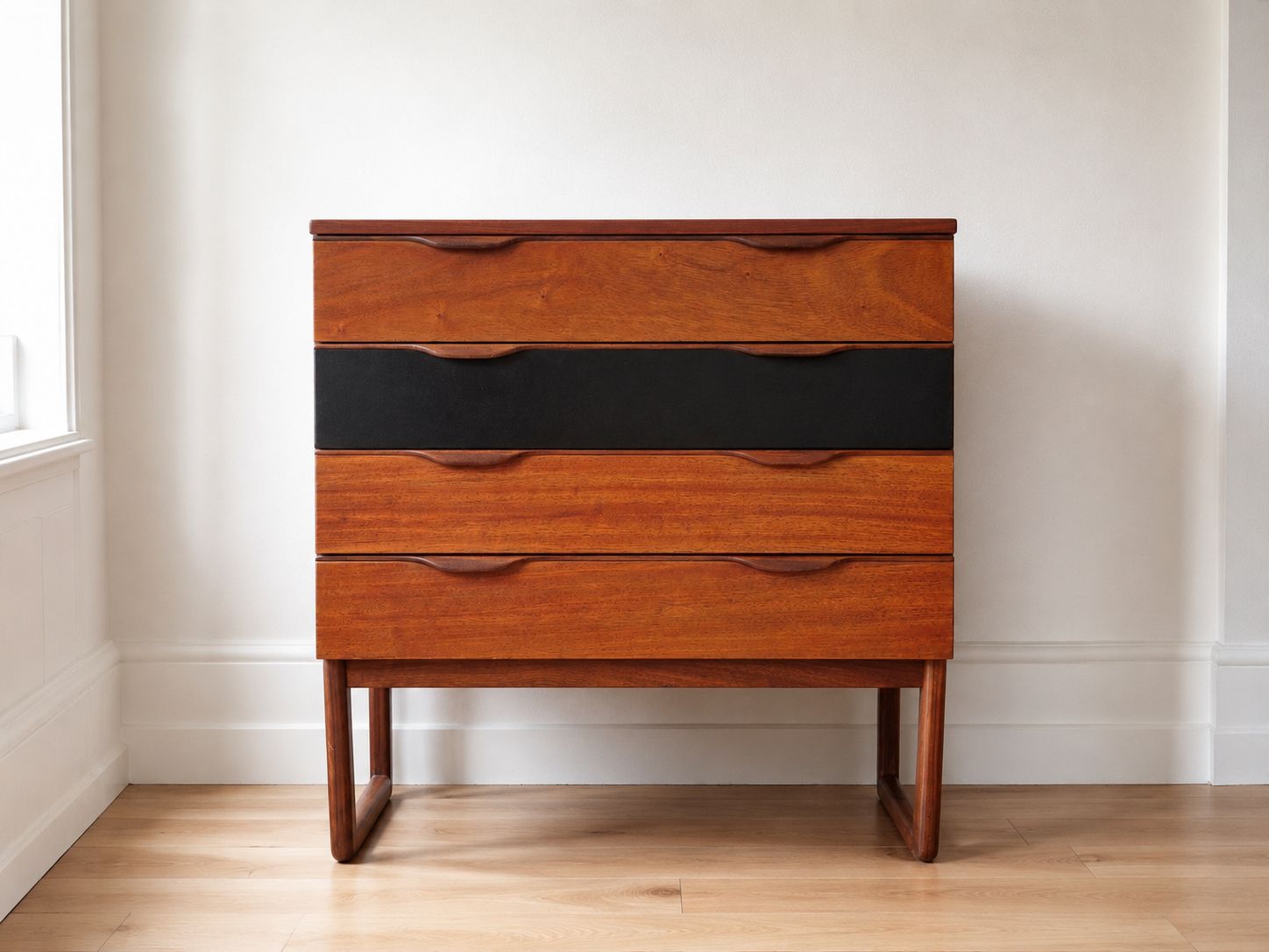 Mid Century Modern Teak Chest Of Drawers Refurbished 4 Drawers, Vintage