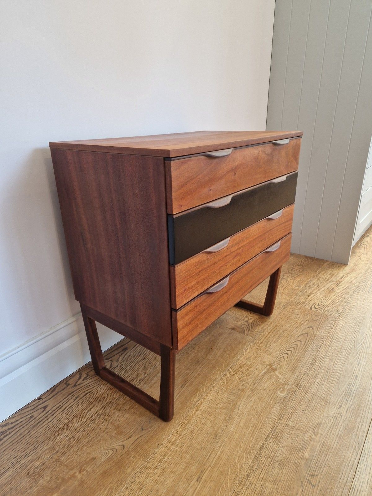 Mid Century Modern Teak Chest Of Drawers Refurbished 4 Drawers, Vintage photo for sale