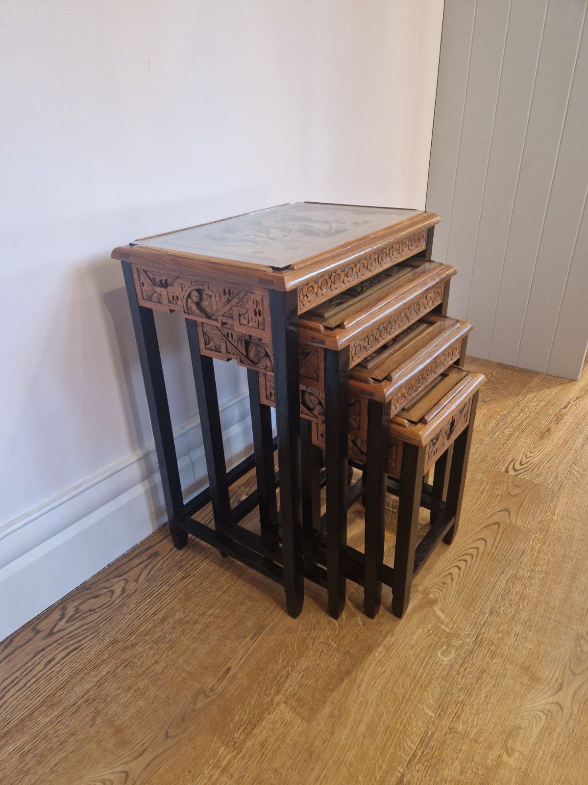 Vintage Chinese Camphor Wood Nest Of 4 Tables | Hand Carved Solid Wood photo buy