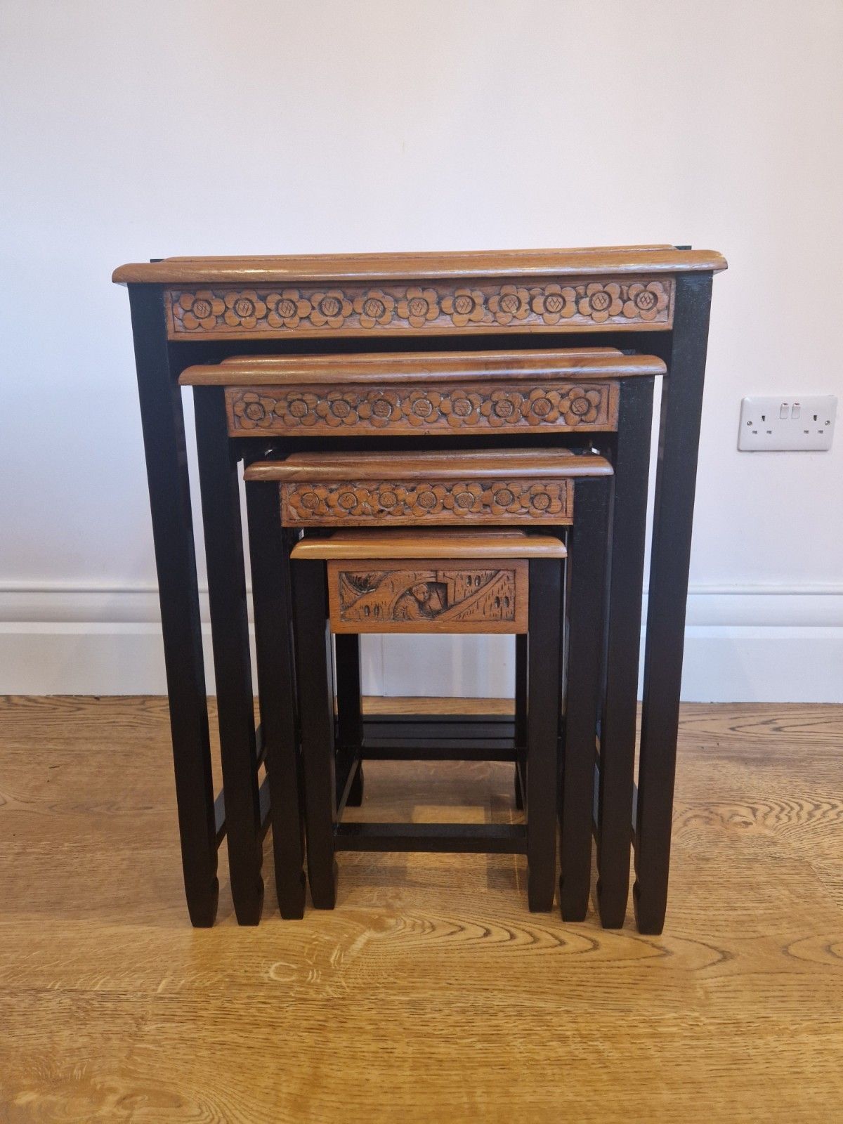 photo for sale Vintage Chinese Camphor Wood Nest Of 4 Tables | Hand Carved Solid Wood