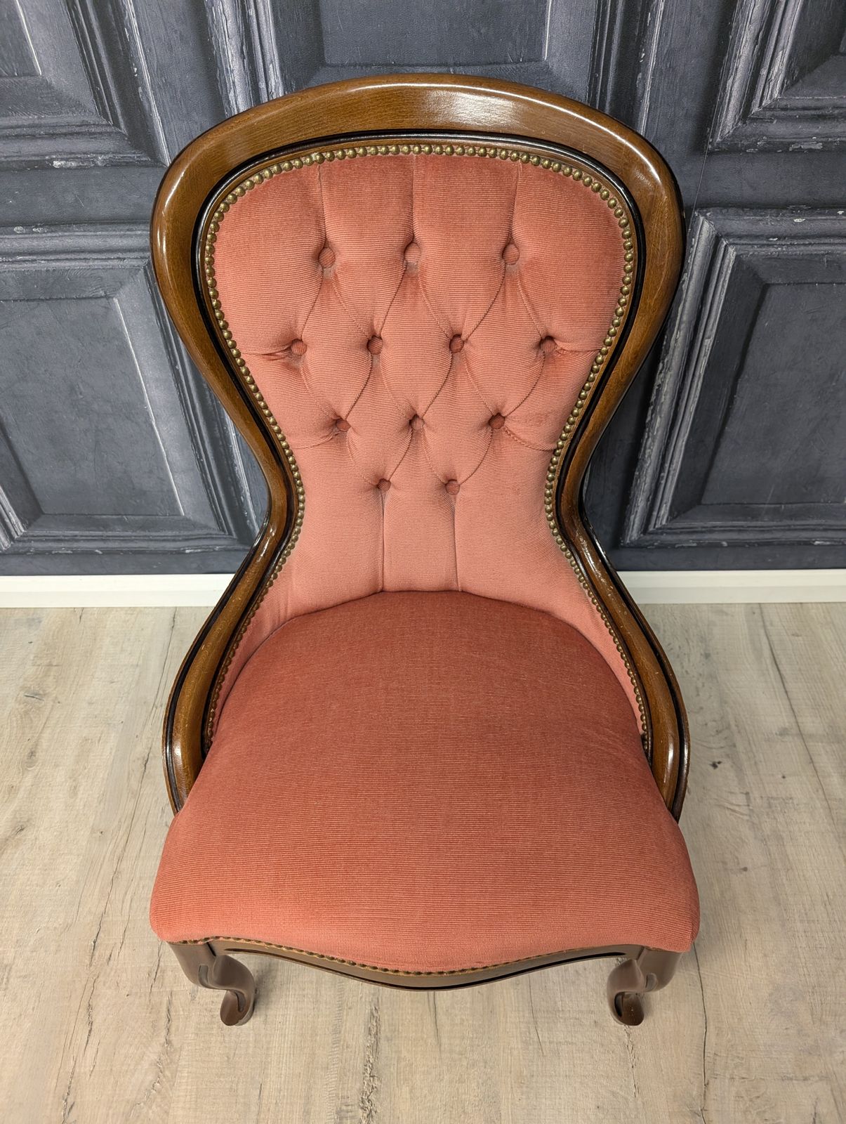 Victorian Mahogany Spoon Back Ladies Chair, Deep Buttoned Pink Upholstery, Circa 1870 photo for sale