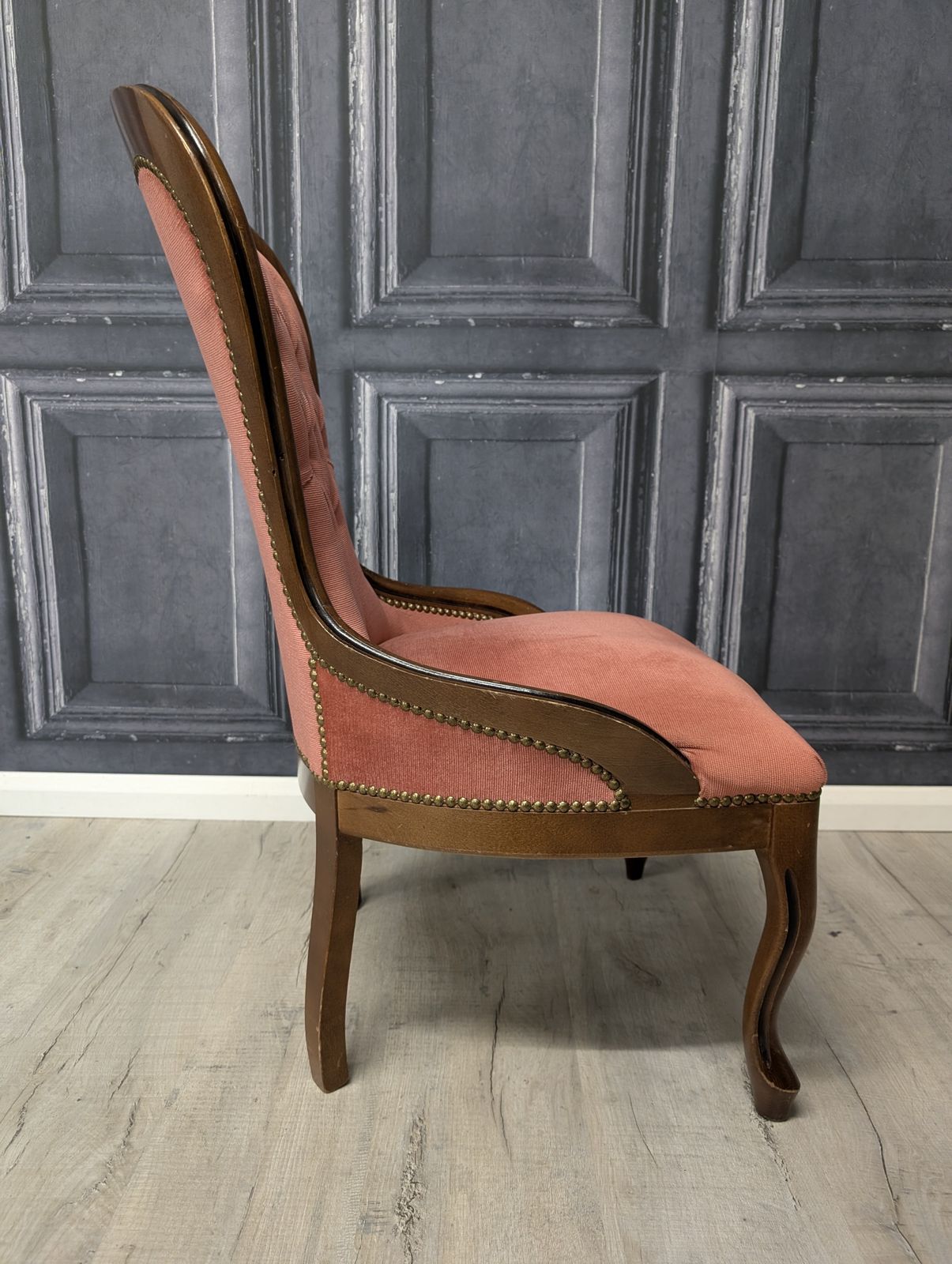photo for sale Victorian Mahogany Spoon Back Ladies Chair, Deep Buttoned Pink Upholstery, Circa 1870