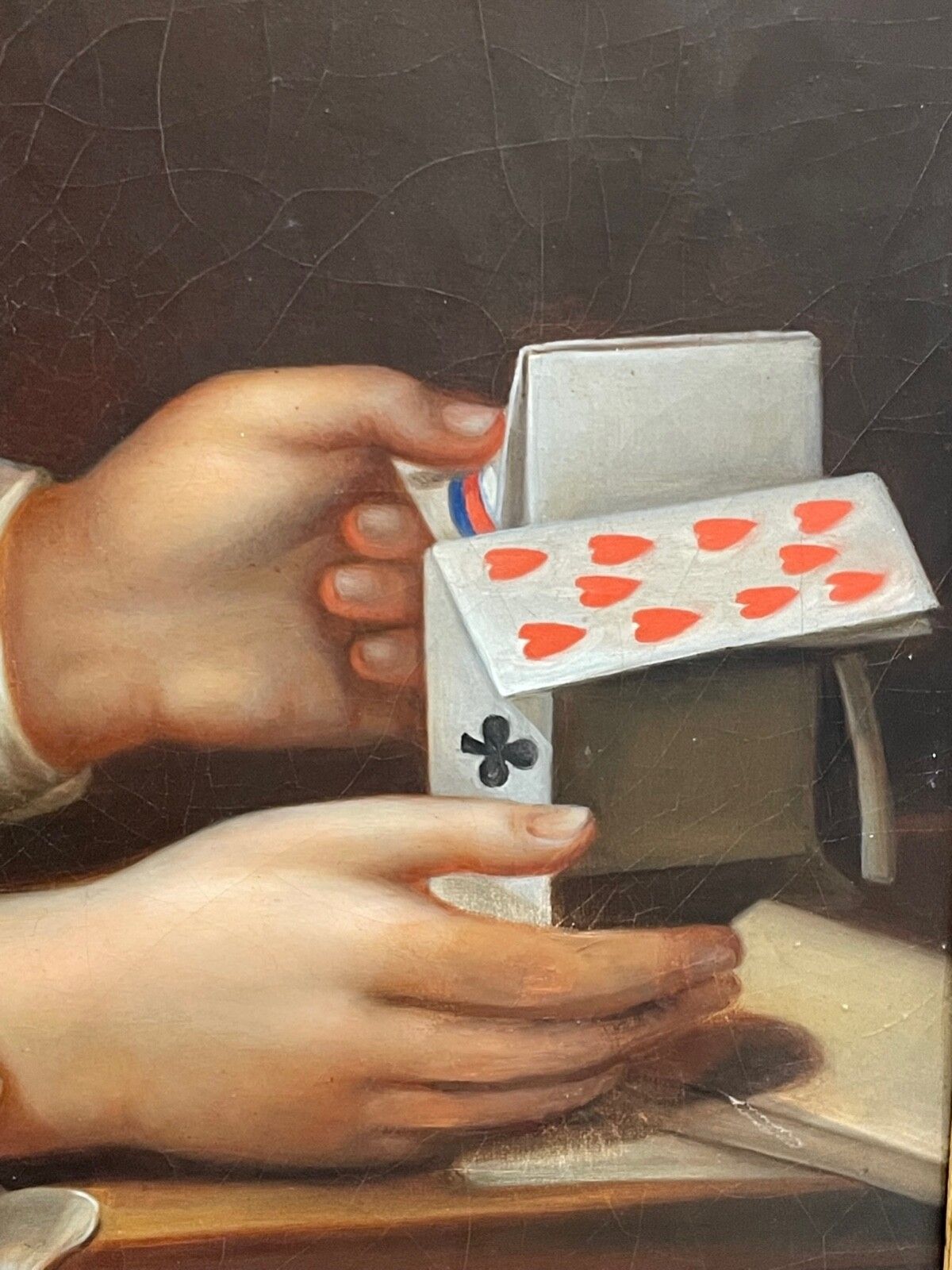 Groot Brits vroeg-Victoriaans olieverfchilderij, meisje spelend met een kaartenhuis photo for sale