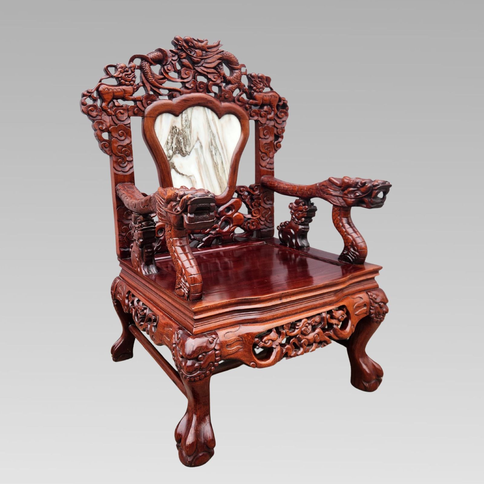 photo for sale Exceptional Chinese Dragon Oriental Hall Bench Or Settle Rosewood Suite, Dining Armchairs