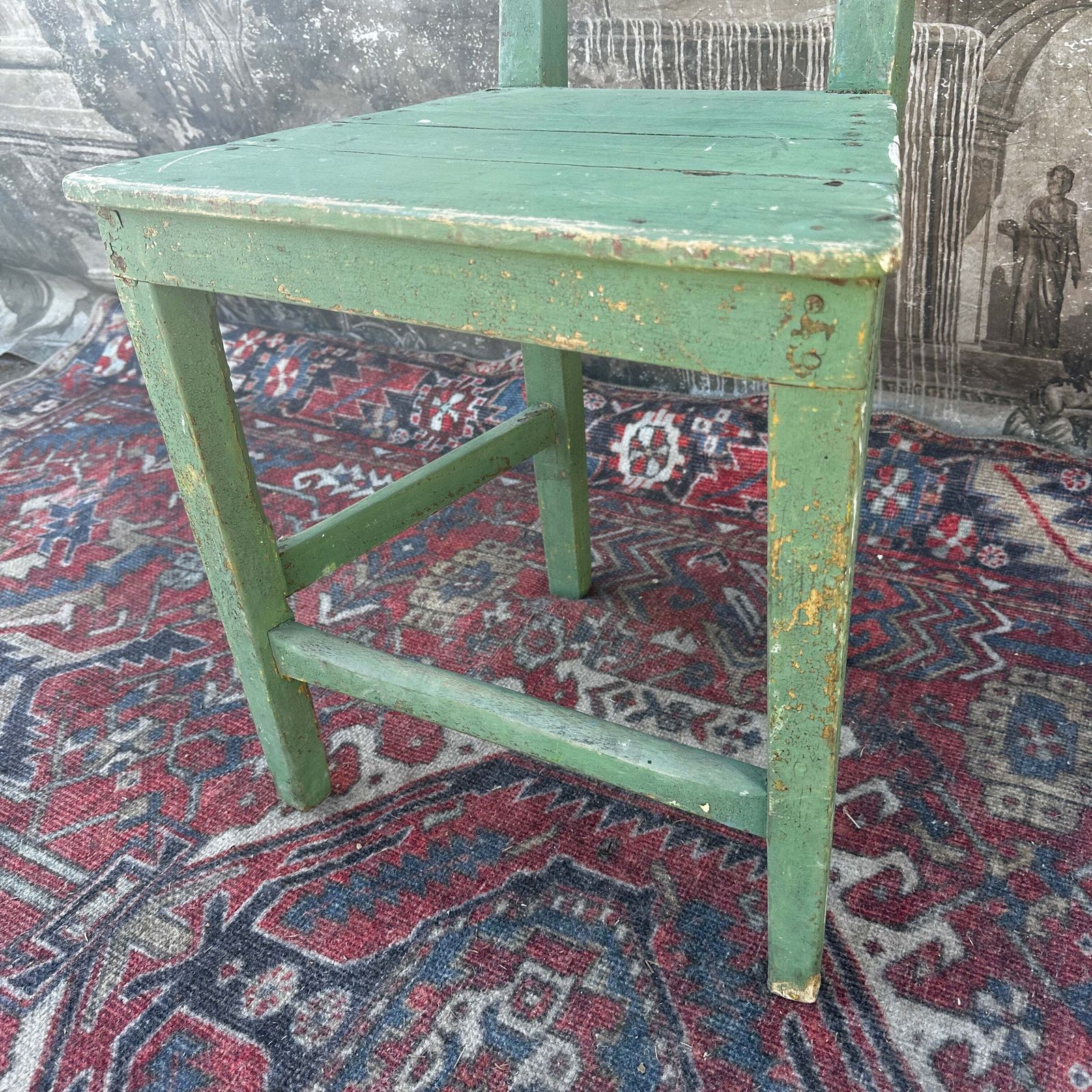 Rustic French Farmhouse Kitchen Chair — Original Green Paint photo vinterior