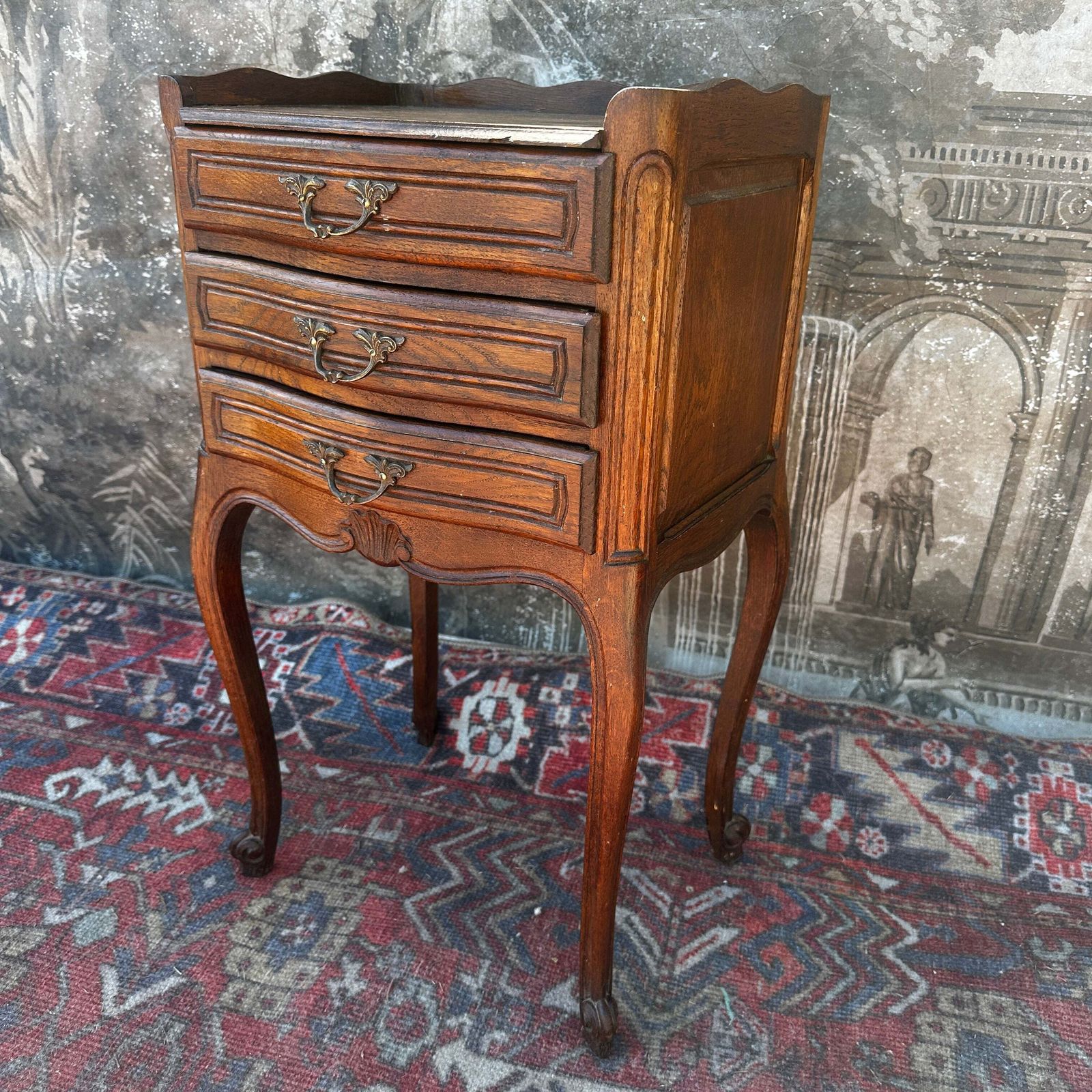 French Antique Louis XV Oak Nightstand With 3 Drawers